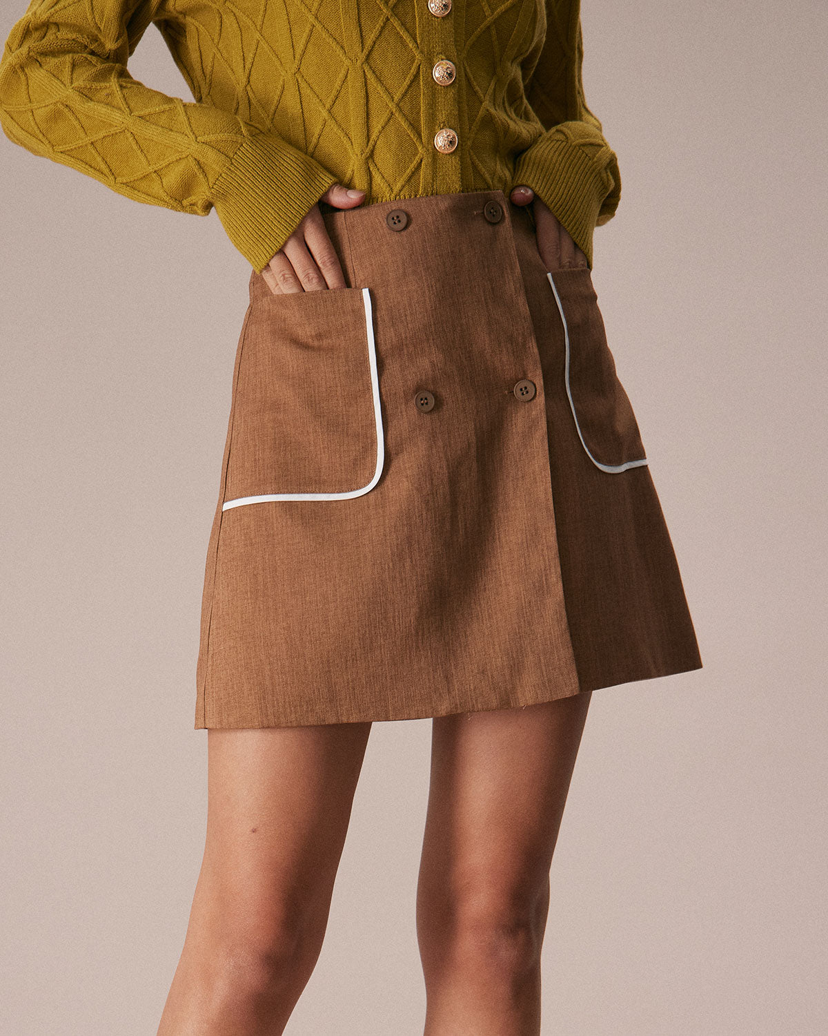 The Khaki Contrast Trim Button Mini Skirt