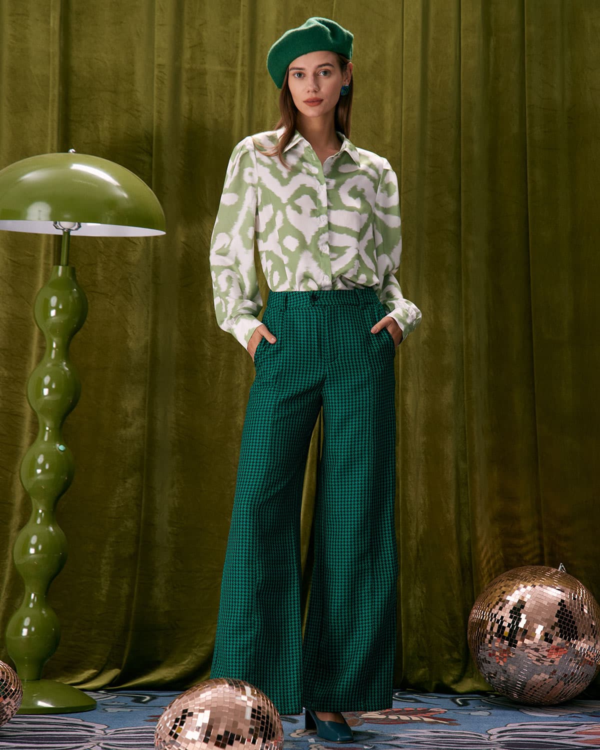 The Green Houndstooth Wide Leg Pants