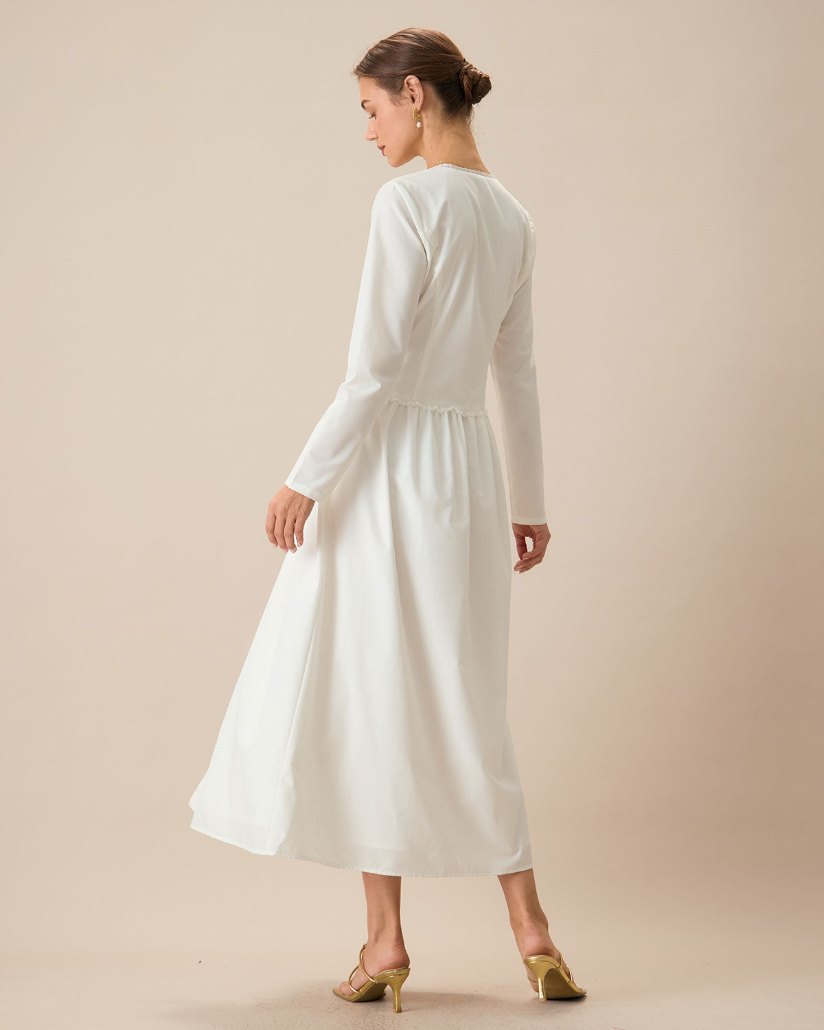 White Ruched Button Maxi Dress