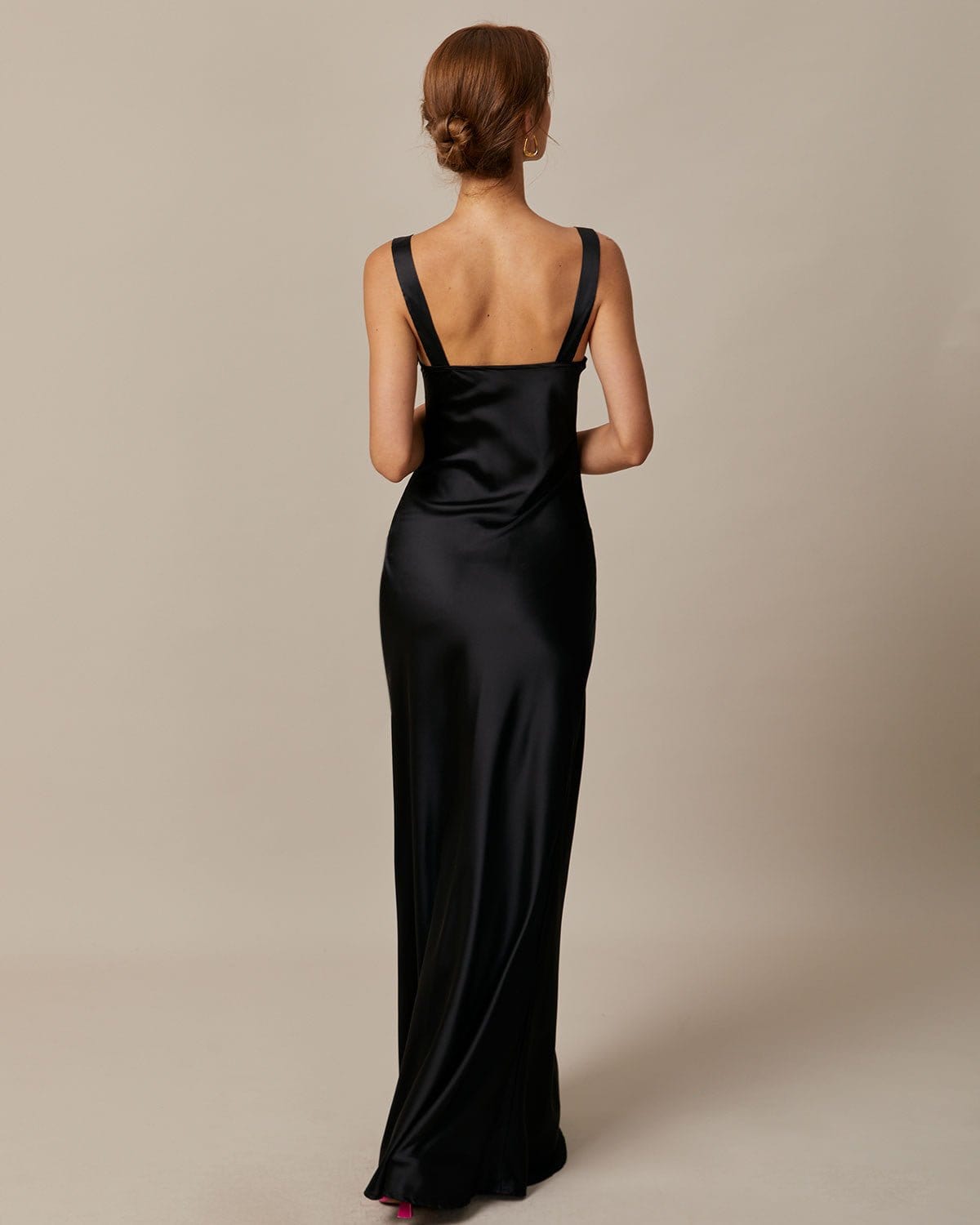 The Black Cowl Neck Sheath Satin Maxi Dress