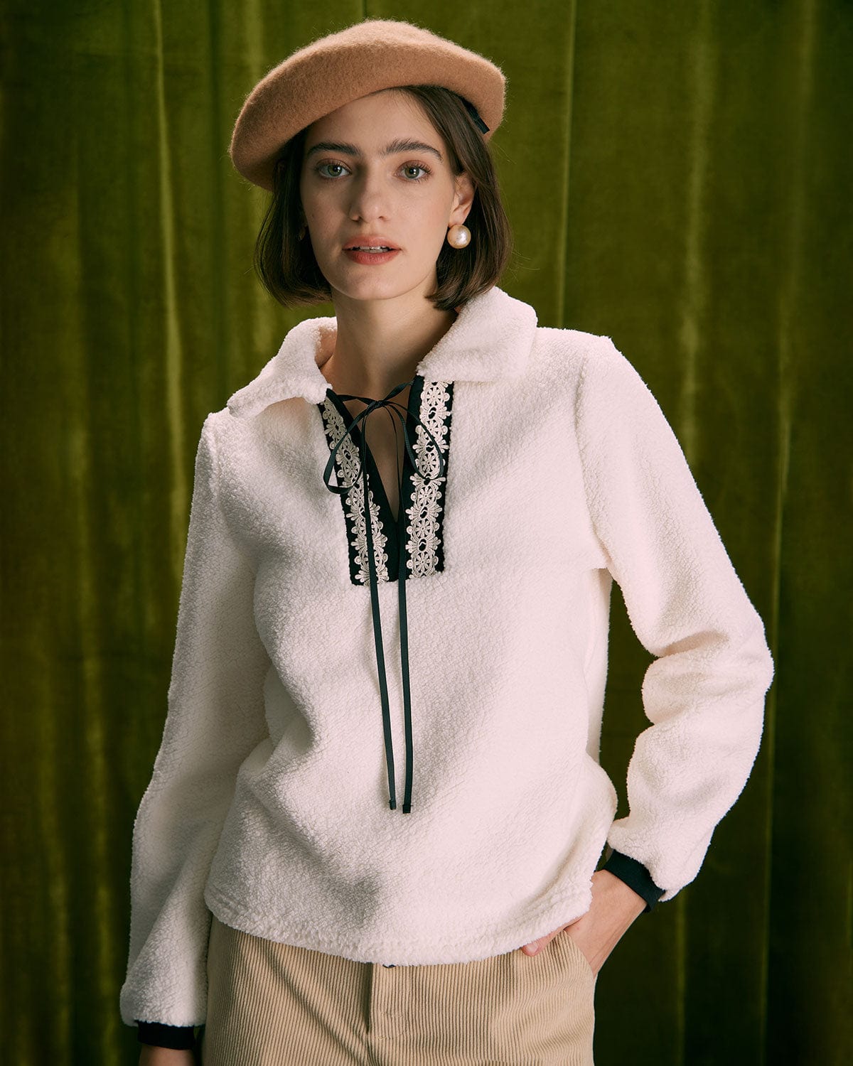 The Beige V Neck Spliced Teddy Sweatshirt