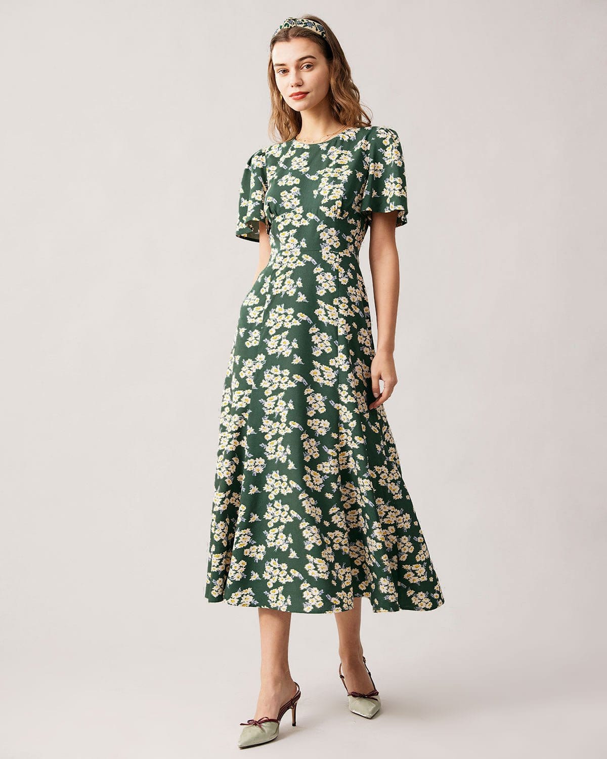 The Green Round Neck Short Sleeve Floral Midi Dress