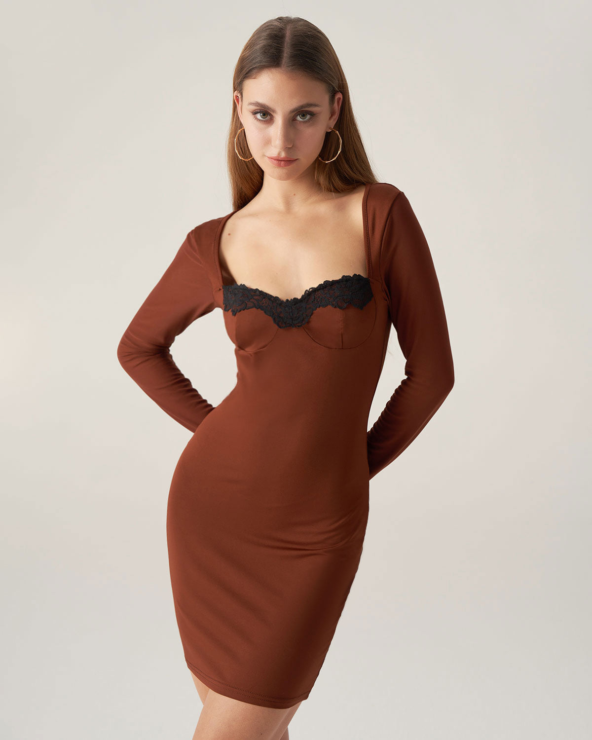 Brown Lace Splicing Bodycon Mini Dress