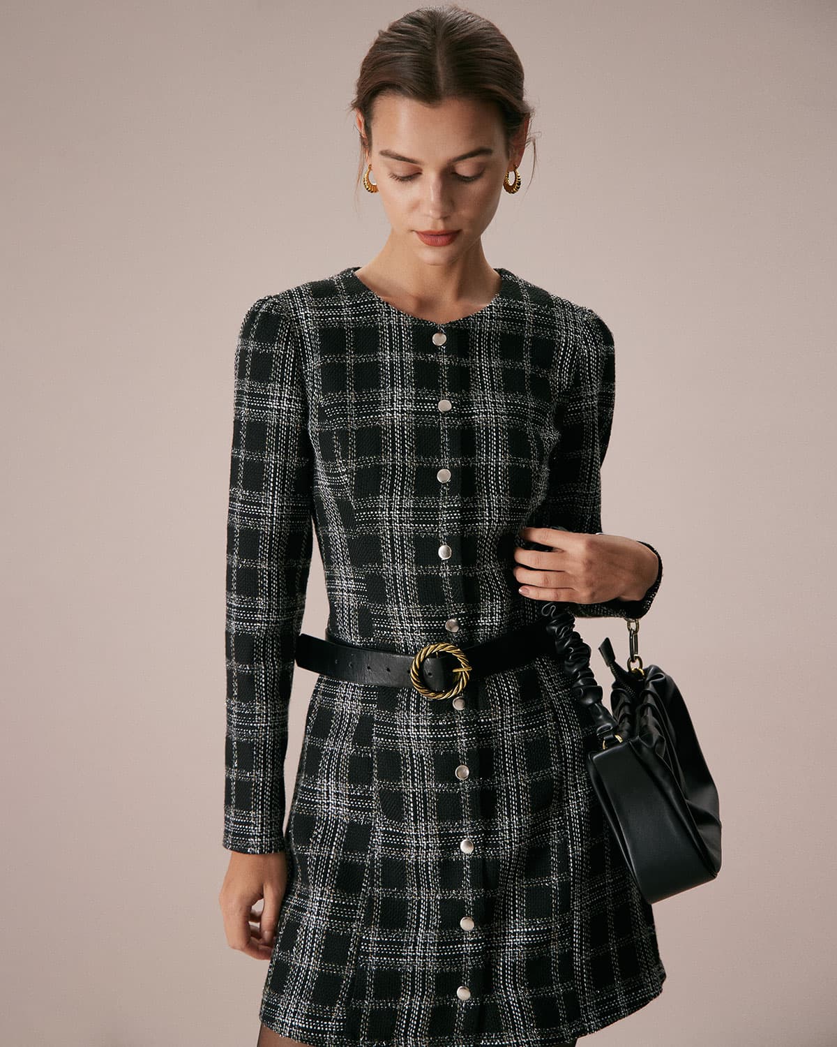 The Black Crew Neck Plaid A-Line Mini Dress