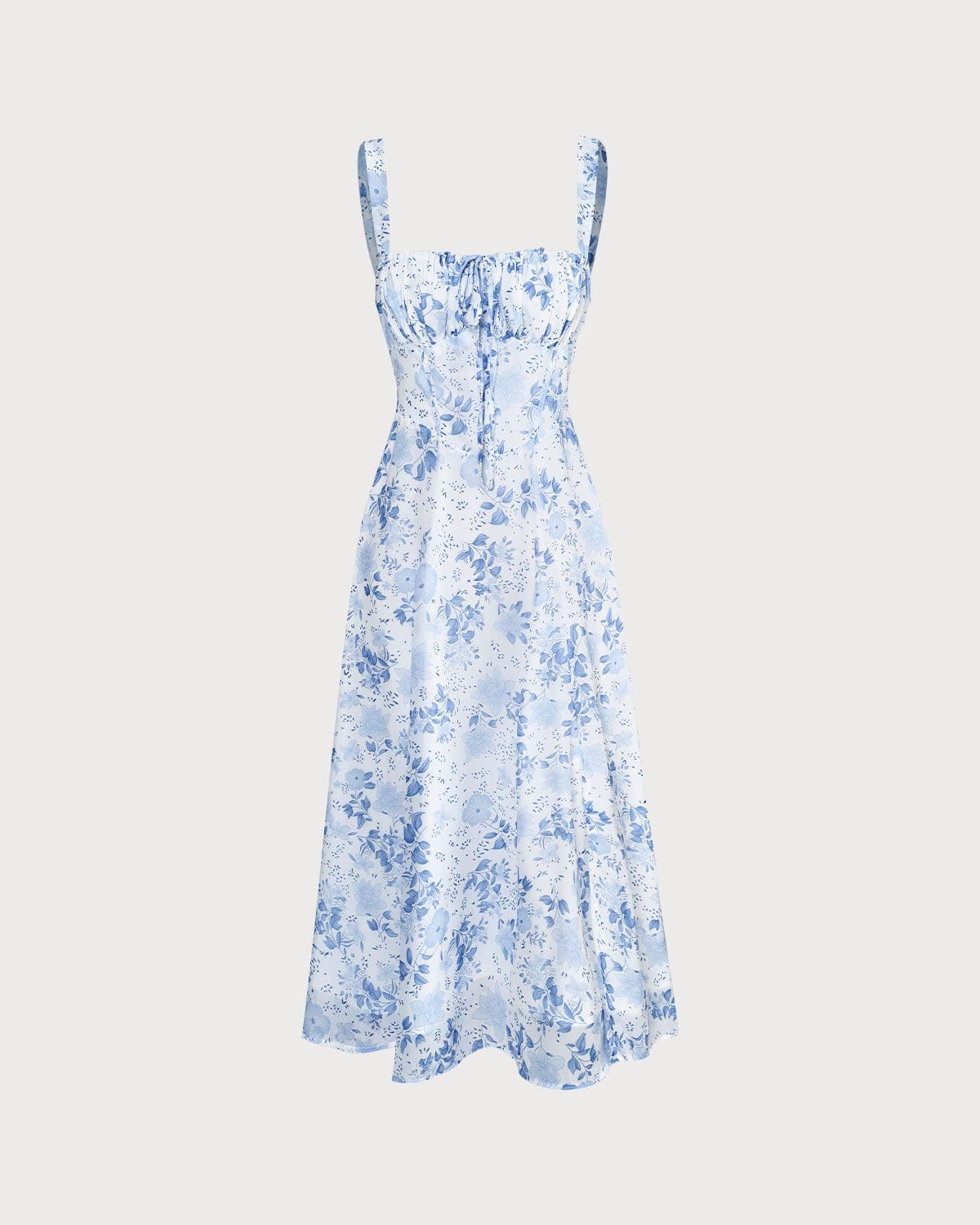 The Blue Square Neck Floral Ruched Midi Dress