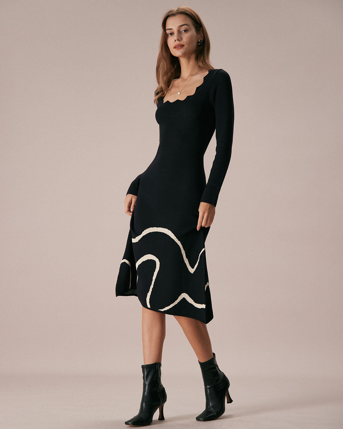 The Black Wave Scalloped Sweater Midi Dress