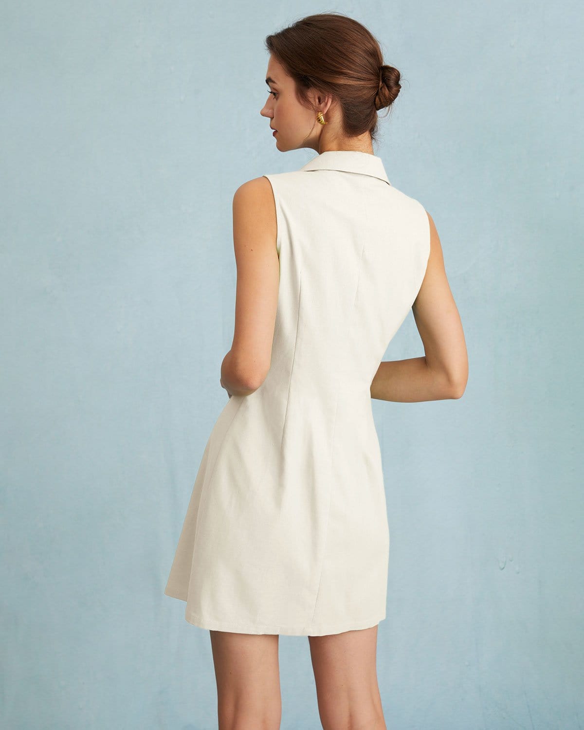 The Beige Lapel Button-up Sleeveless Mini Dress