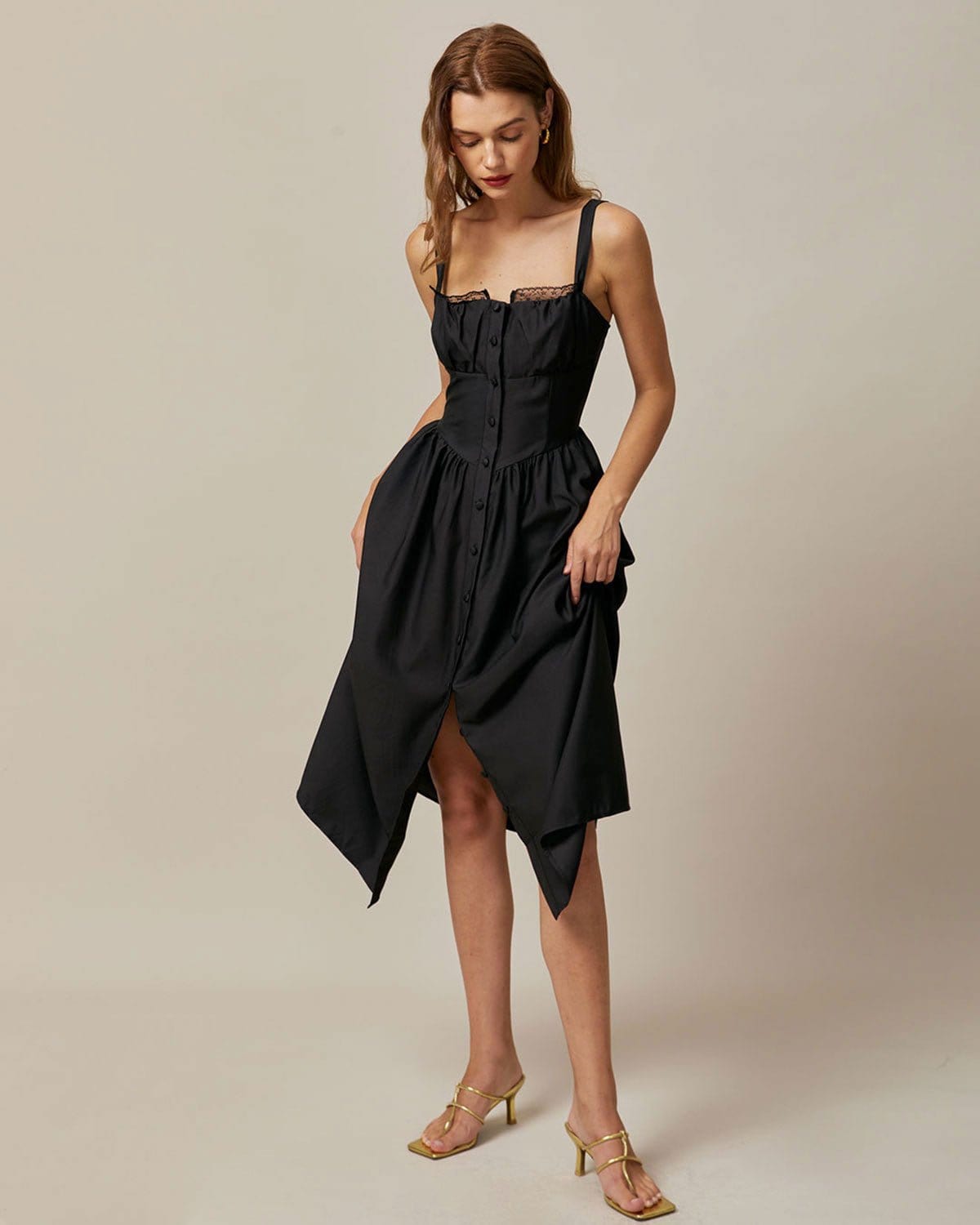 The Black Square Neck Lace Cami Midi Dress