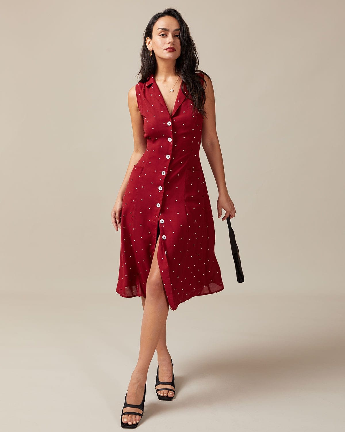 The Red V Neck Polka Dot Tie Back Midi Dress