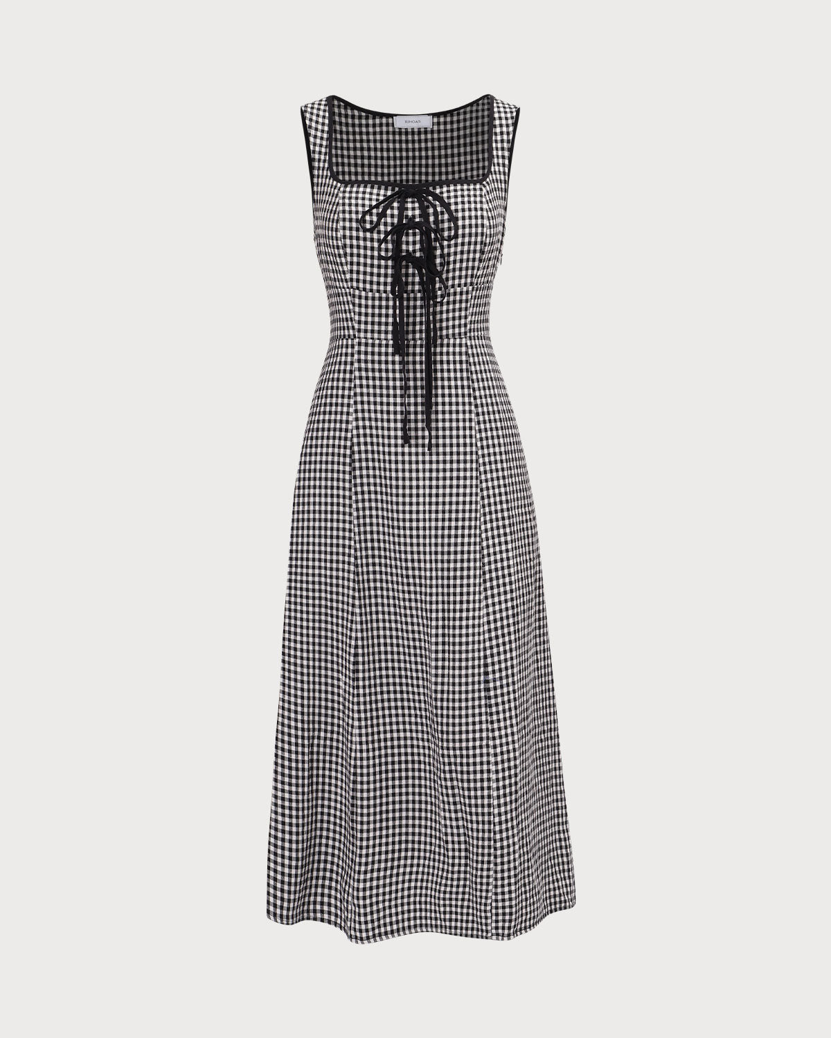 The Black Square Neck Tie Plaid Midi Dress