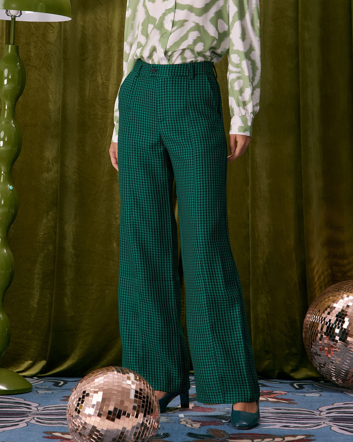 The Green Houndstooth Wide Leg Pants