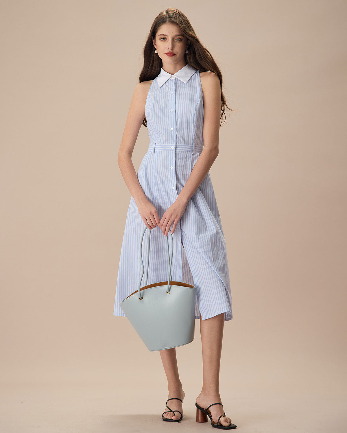 The Blue Lapel Button-Up Striped Midi Dress