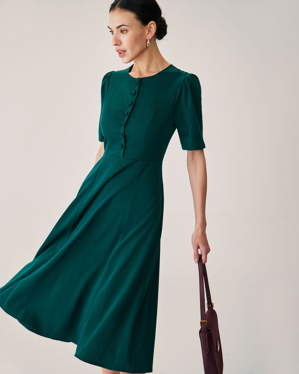 Green Puffed Sleeve Button Midi Dress