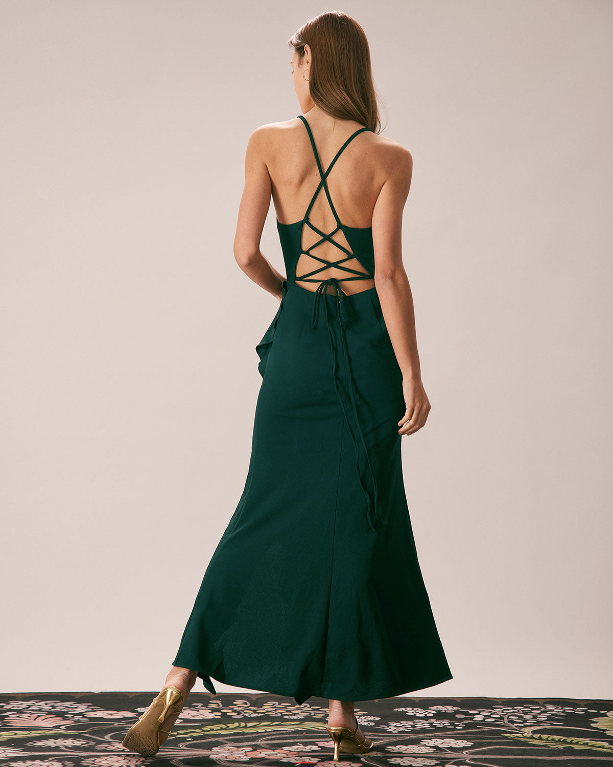 The Green Ruffle Cross Back Strap Maxi Dress