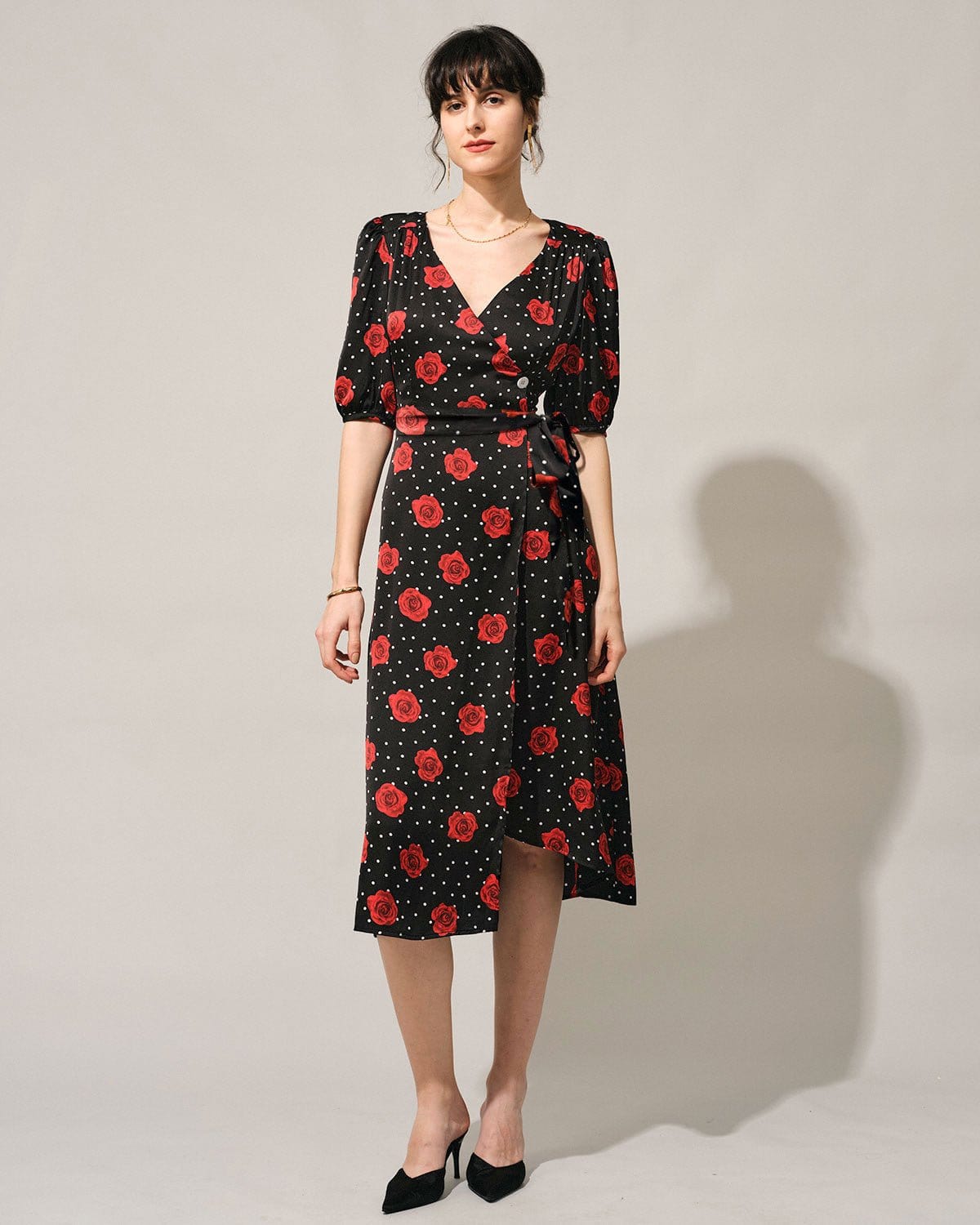 The V Neck Puff Sleeve Floral Wrap Midi Dress