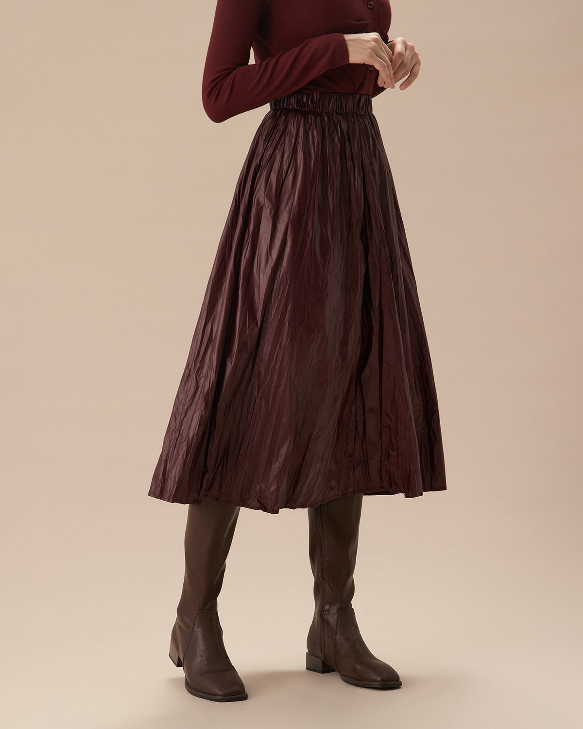 Wine Red Elastic Waist Ruched Midi Skirt