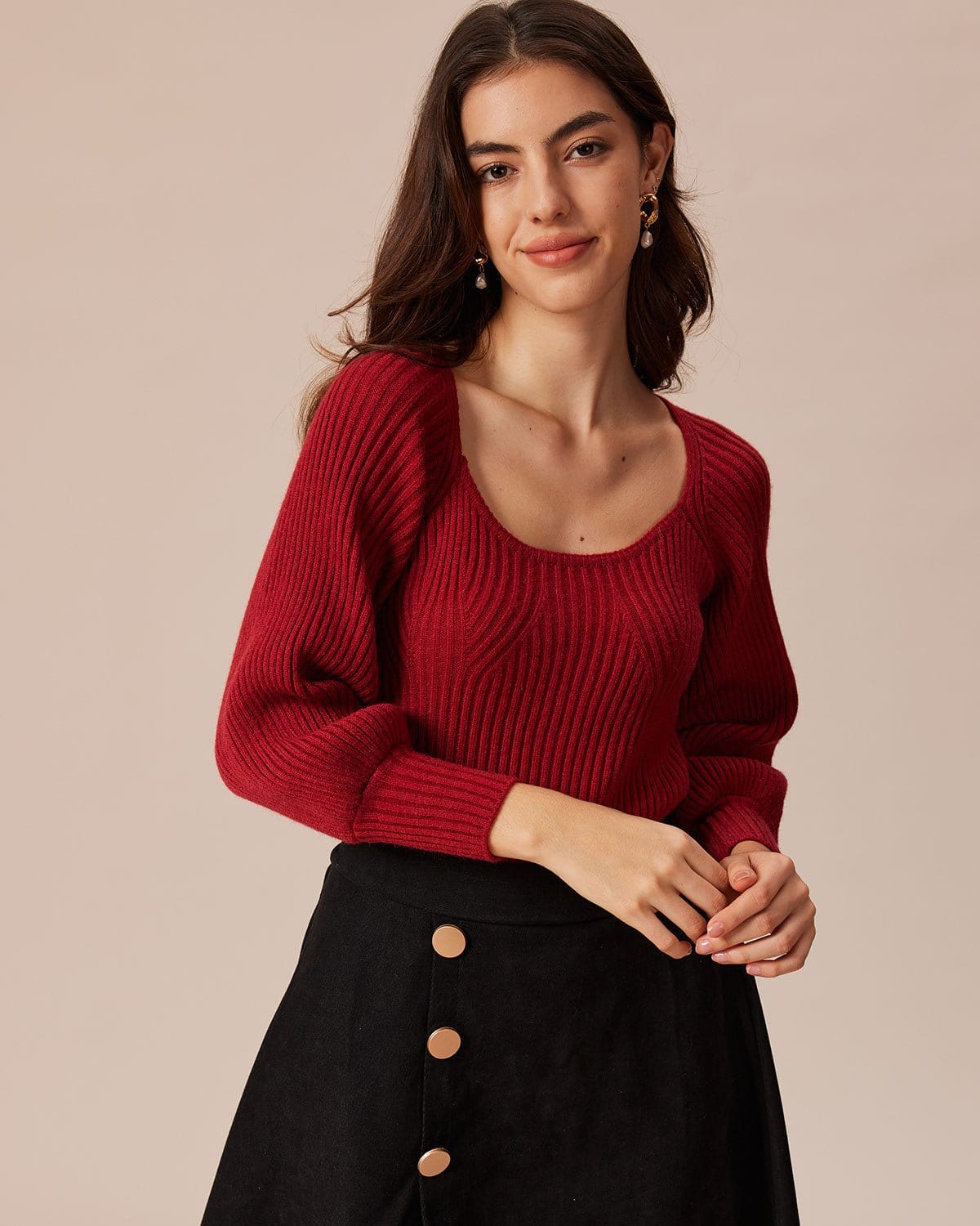 The Red Scoop Neck Lantern Sleeve Sweater