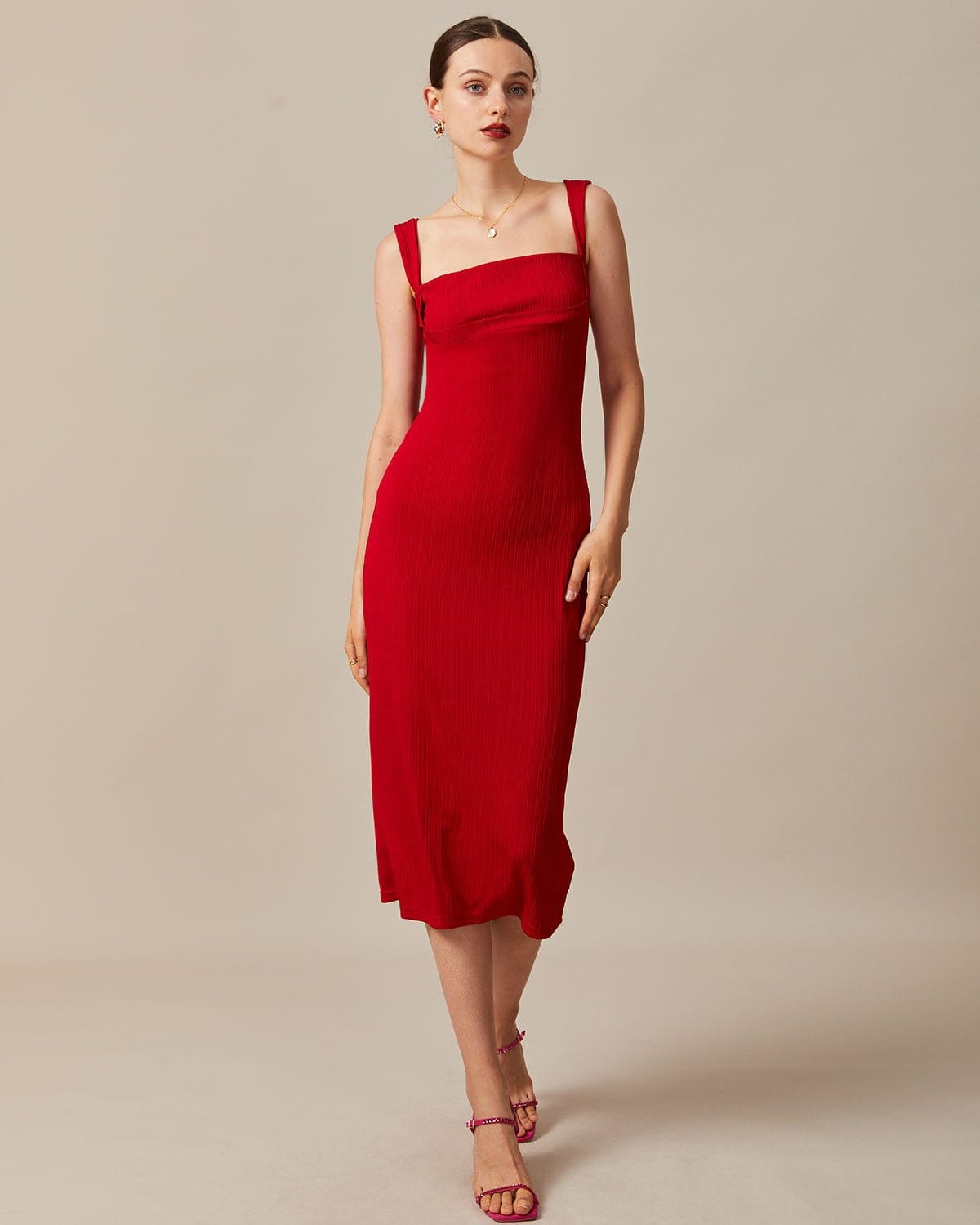 The Red Square Neck Ribbed Midi Dress