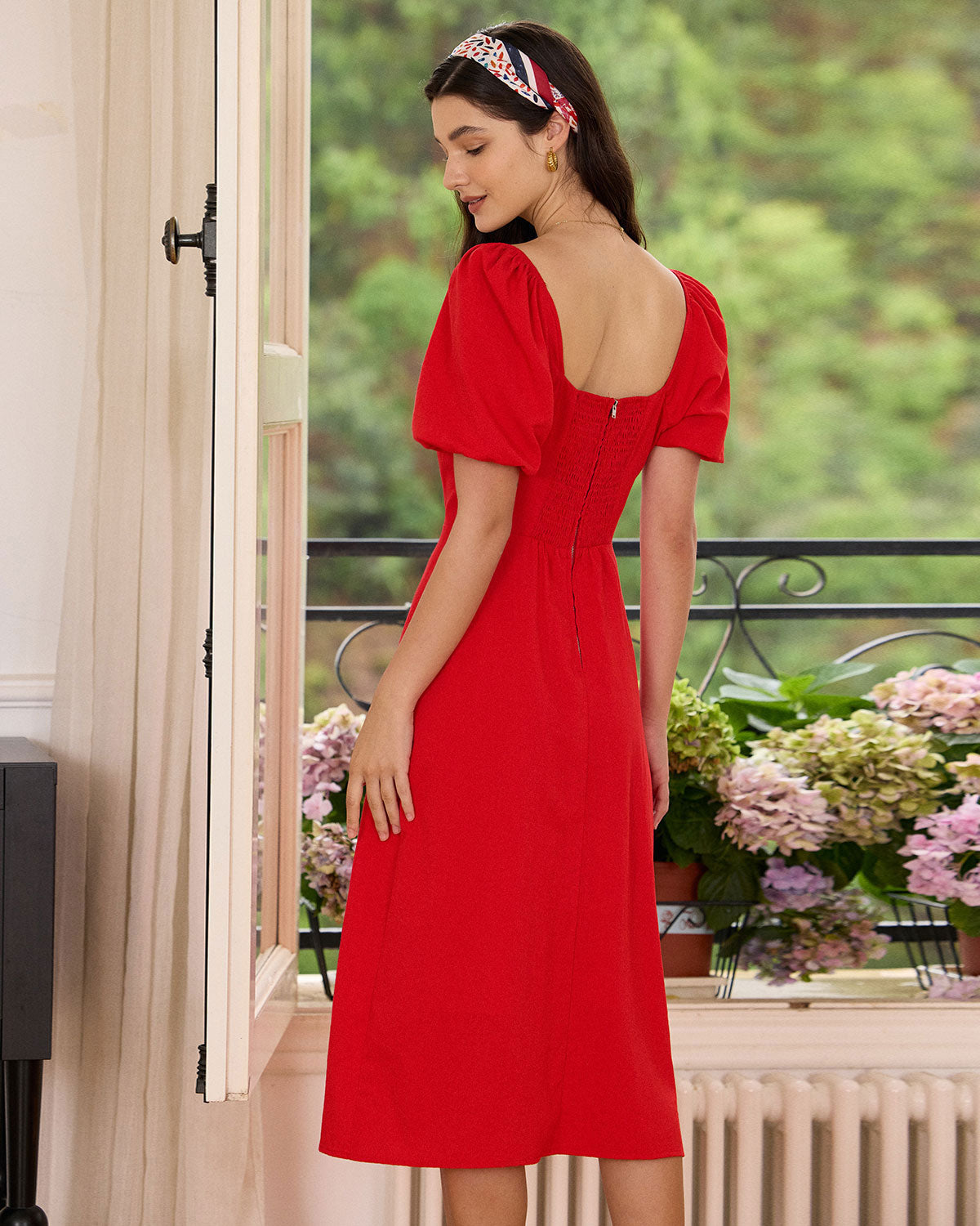 The Red Sweetheart Neck Slit Midi Dress