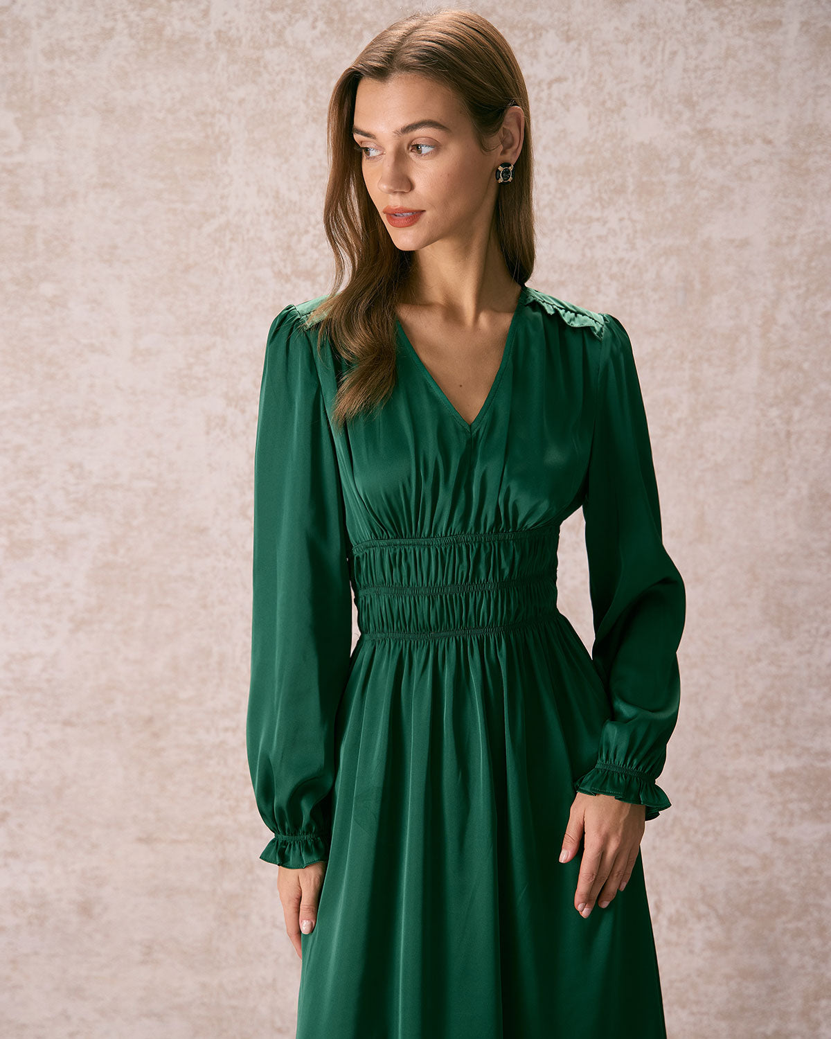 The Green V Neck Ruched Satin Midi Dress