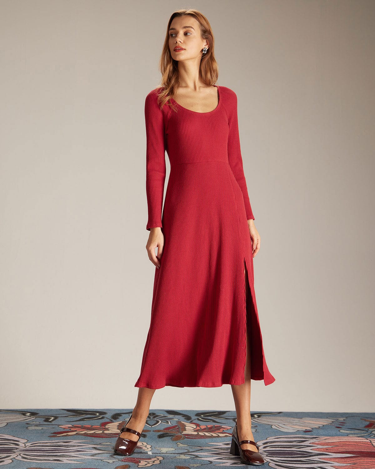 The Red Ribbed Side Split A-Line Maxi Dress