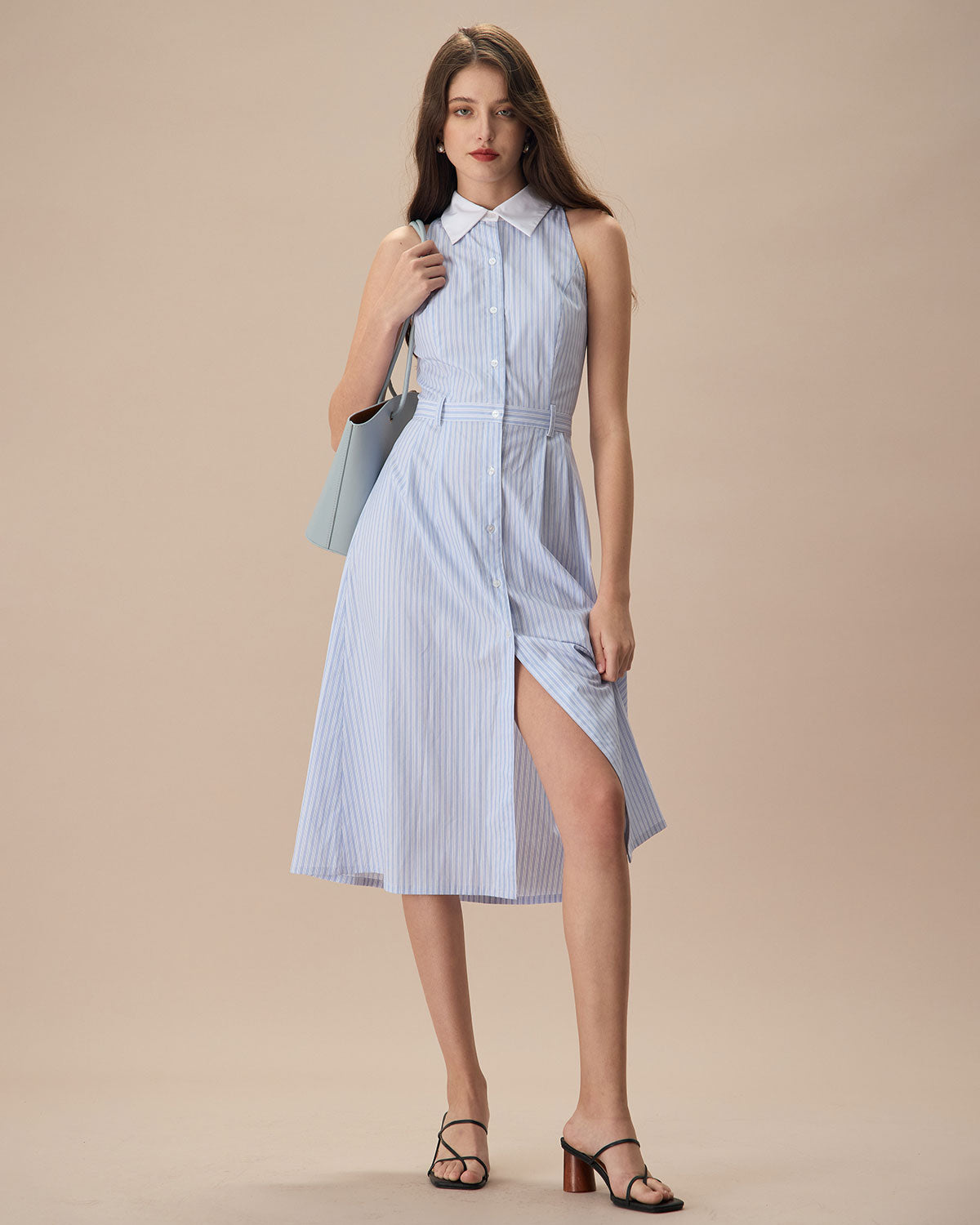 The Blue Lapel Button-Up Striped Midi Dress