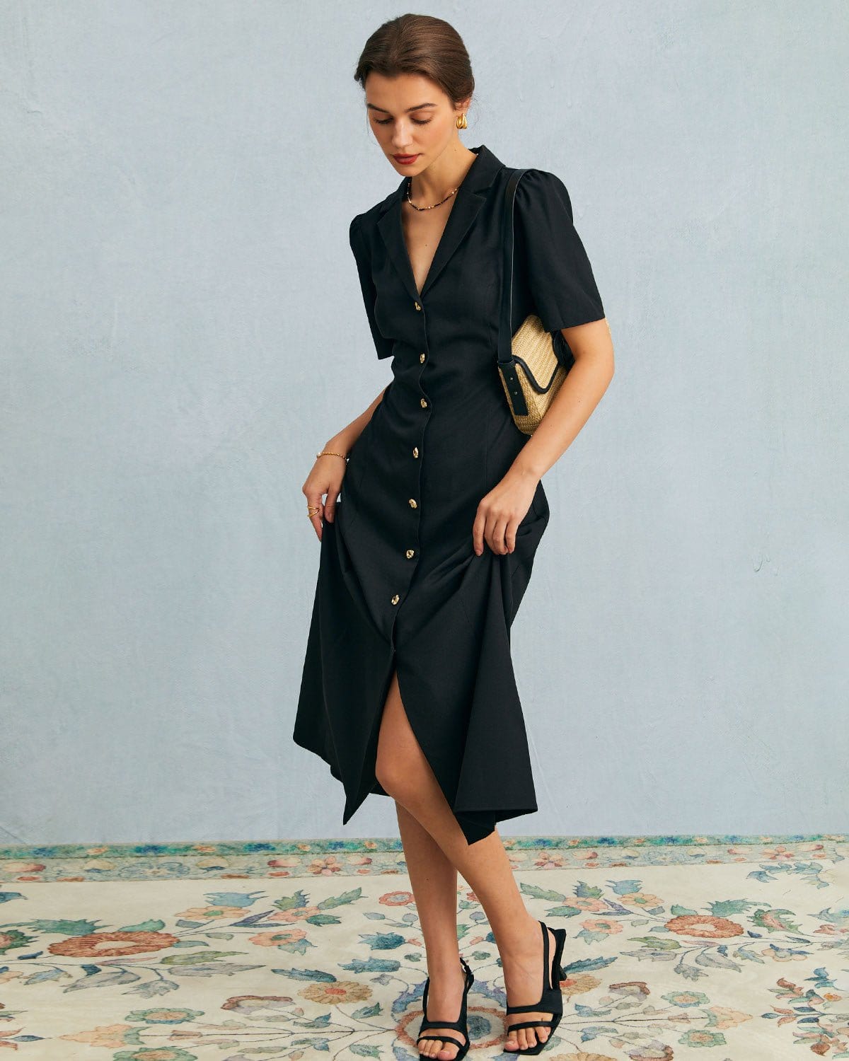 The Black V Neck Button Puff Sleeve Midi Dress