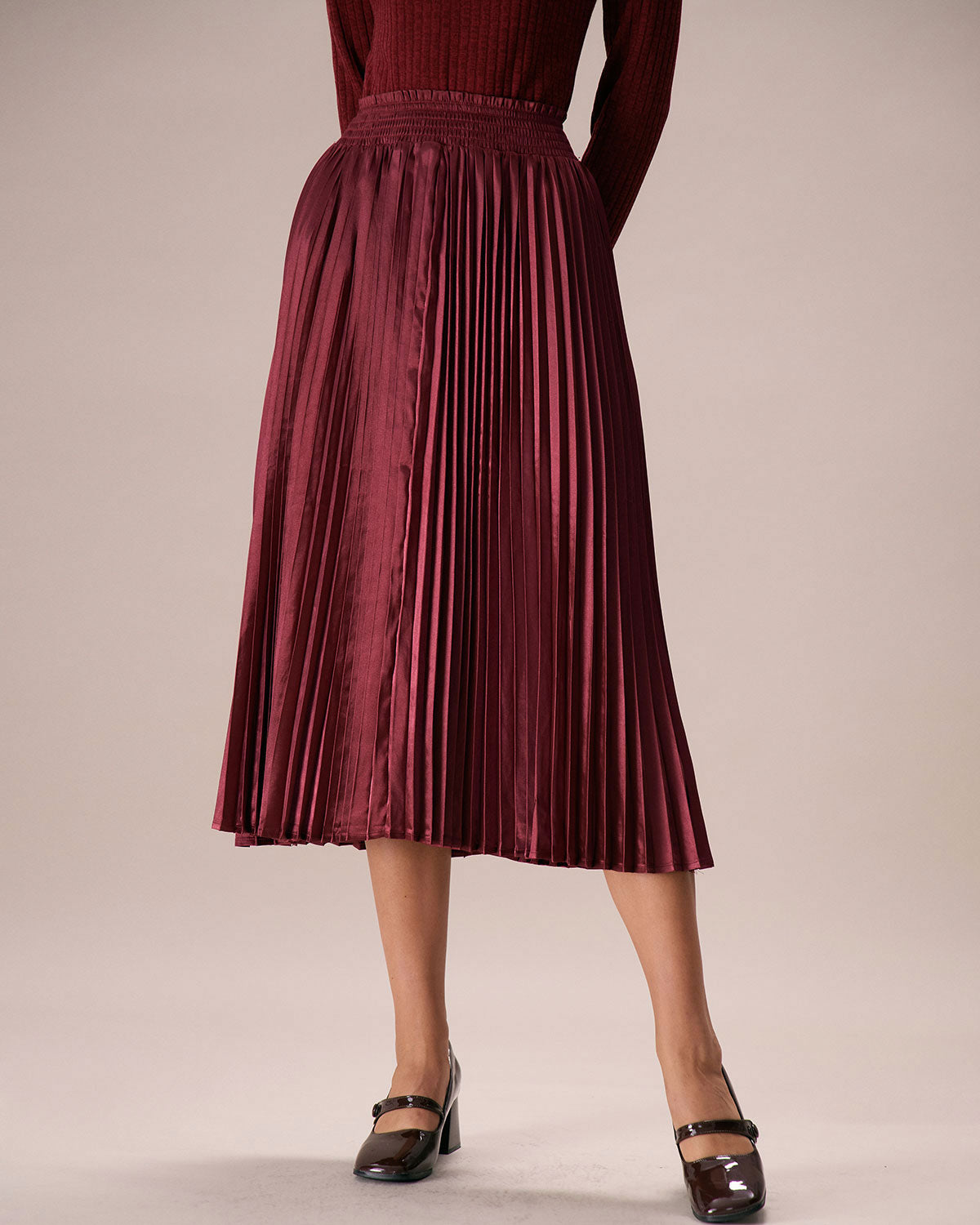 The Wine Red Elastic Waist Pleated Midi Skirt