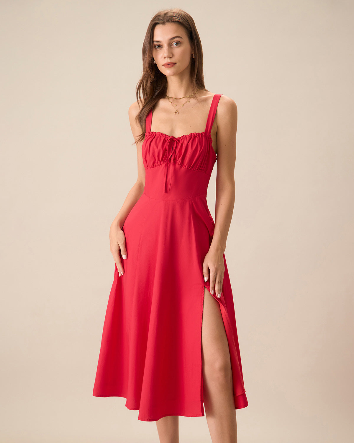 Women's Red Square Neck Ruched Slip Midi Dress