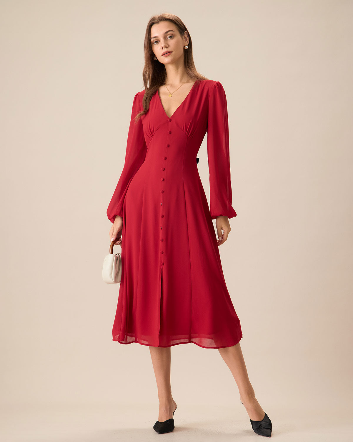 Women's Red V-Neck Puff Sleeve Slit Midi Dress