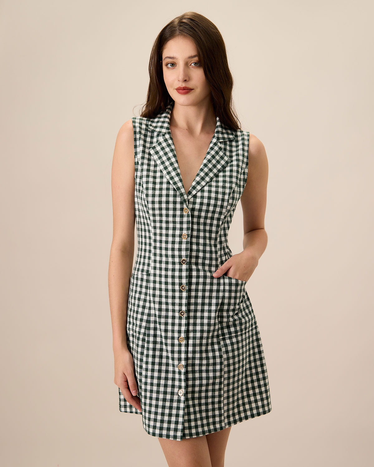 The Green Plaid Sleeveless Cotton Pocket Mini Dress