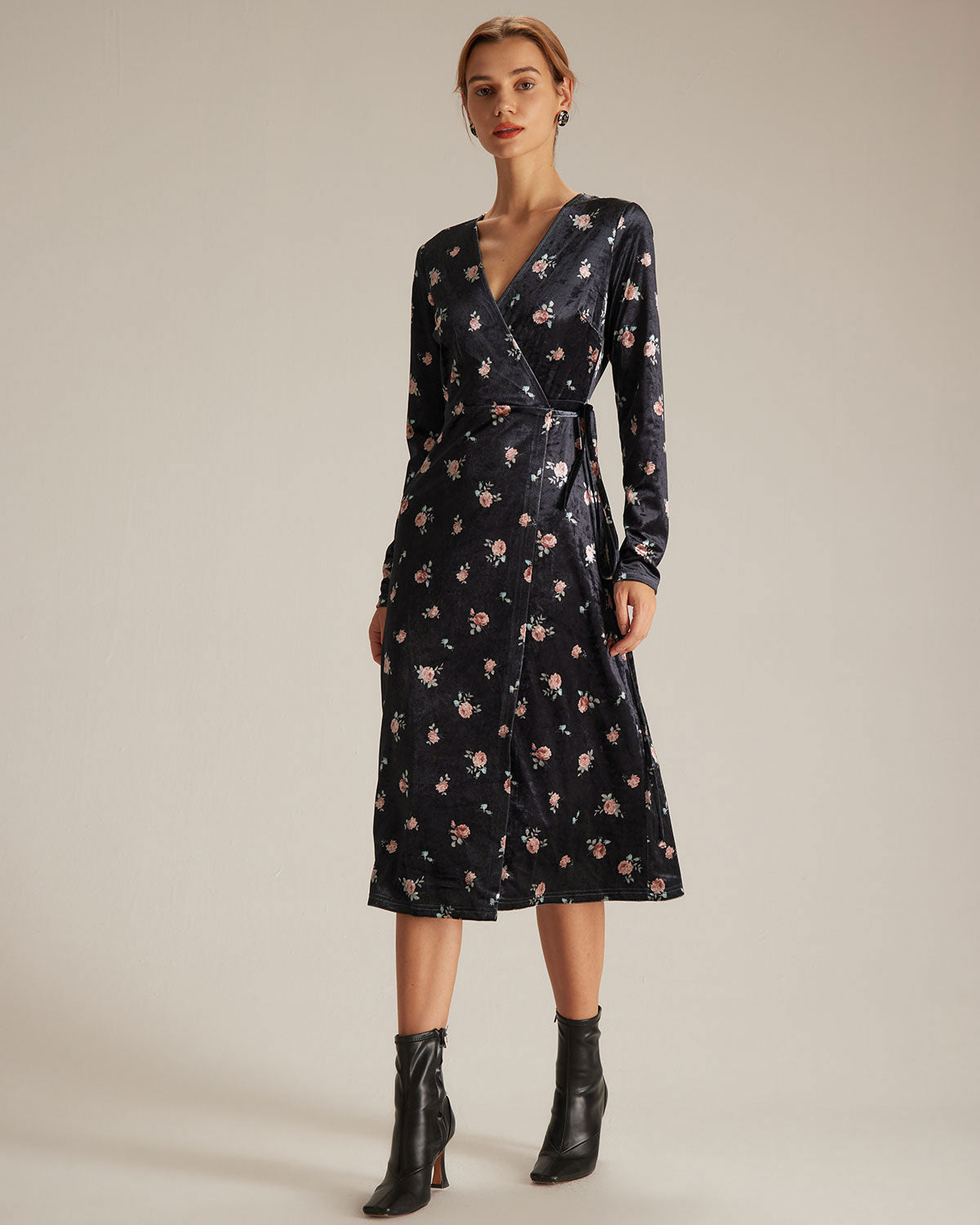 The Black V Neck Floral Velvet Wrap Midi Dress