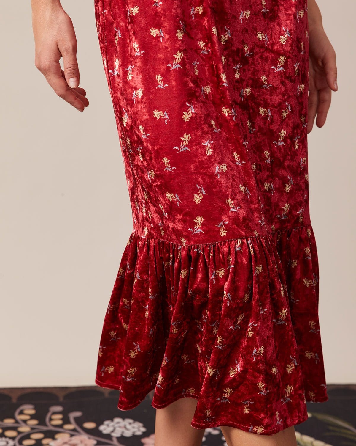 The Red Square Neck Floral Velvet Midi Dress