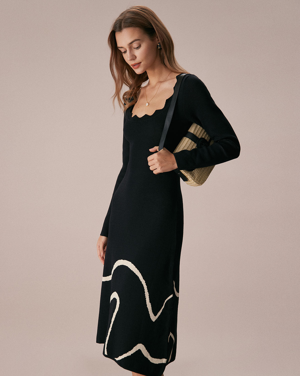 The Black Wave Scalloped Sweater Midi Dress