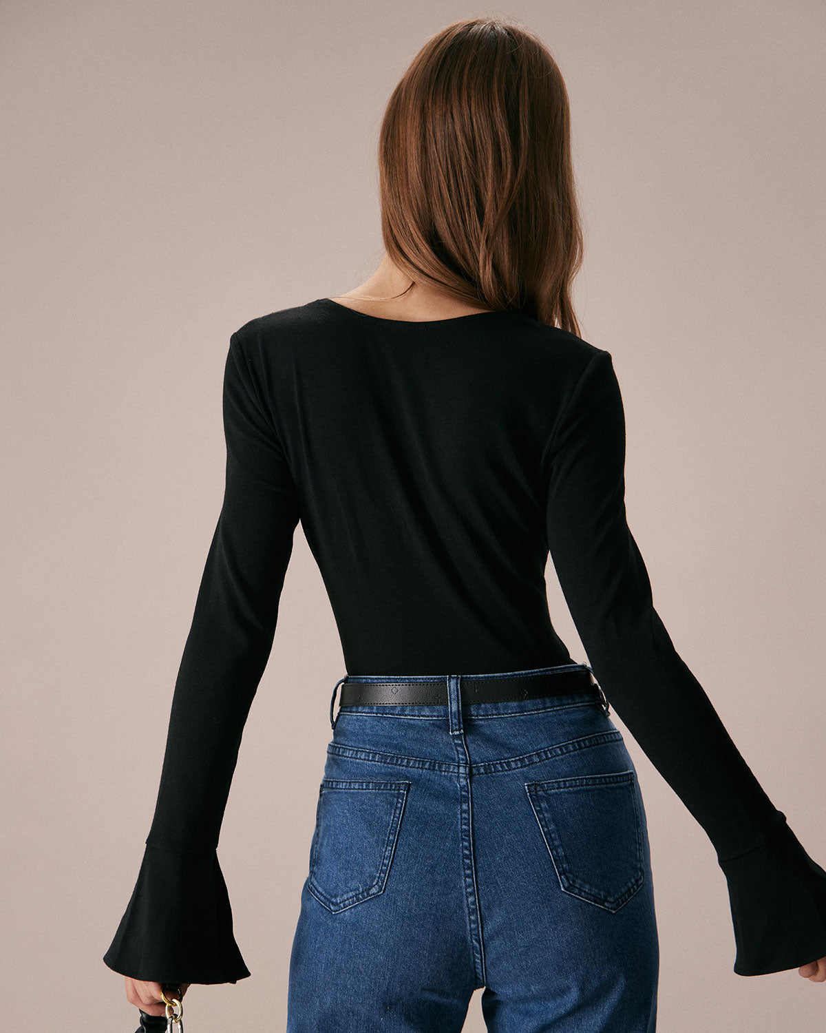 The Black Square Neck Slit Flare Sleeve Tee