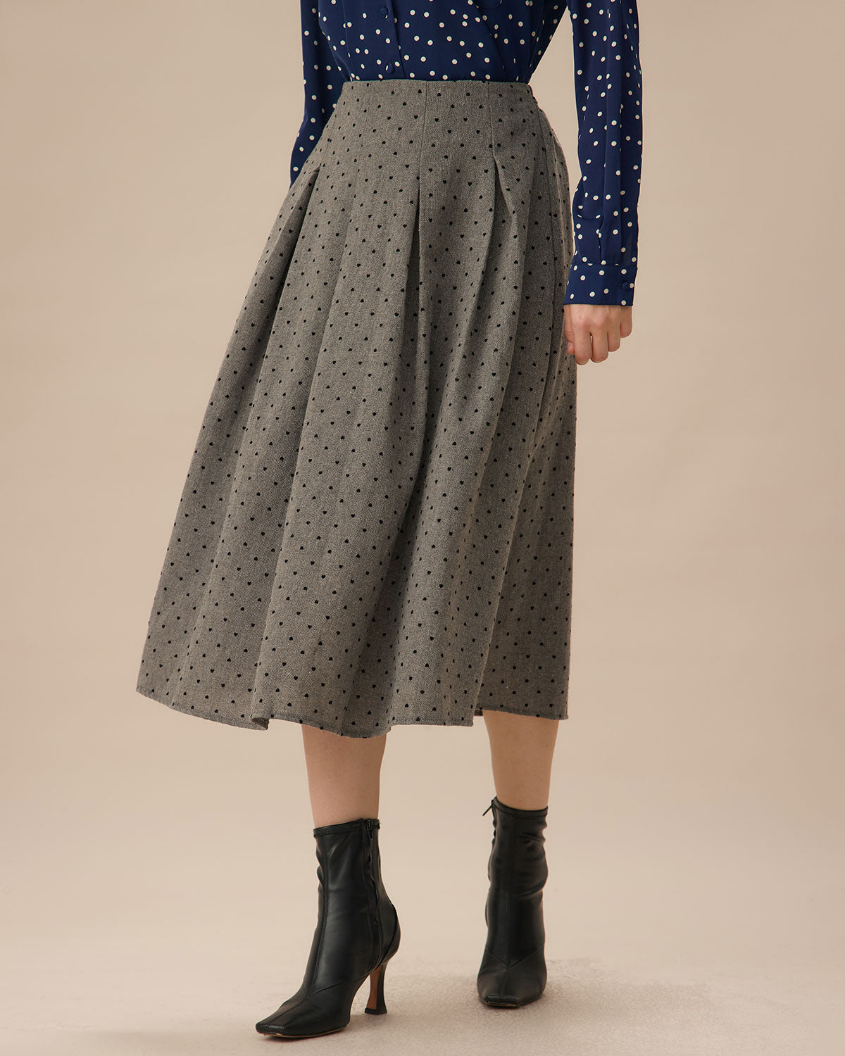 Grey Polka Dot Pleated Midi Skirt