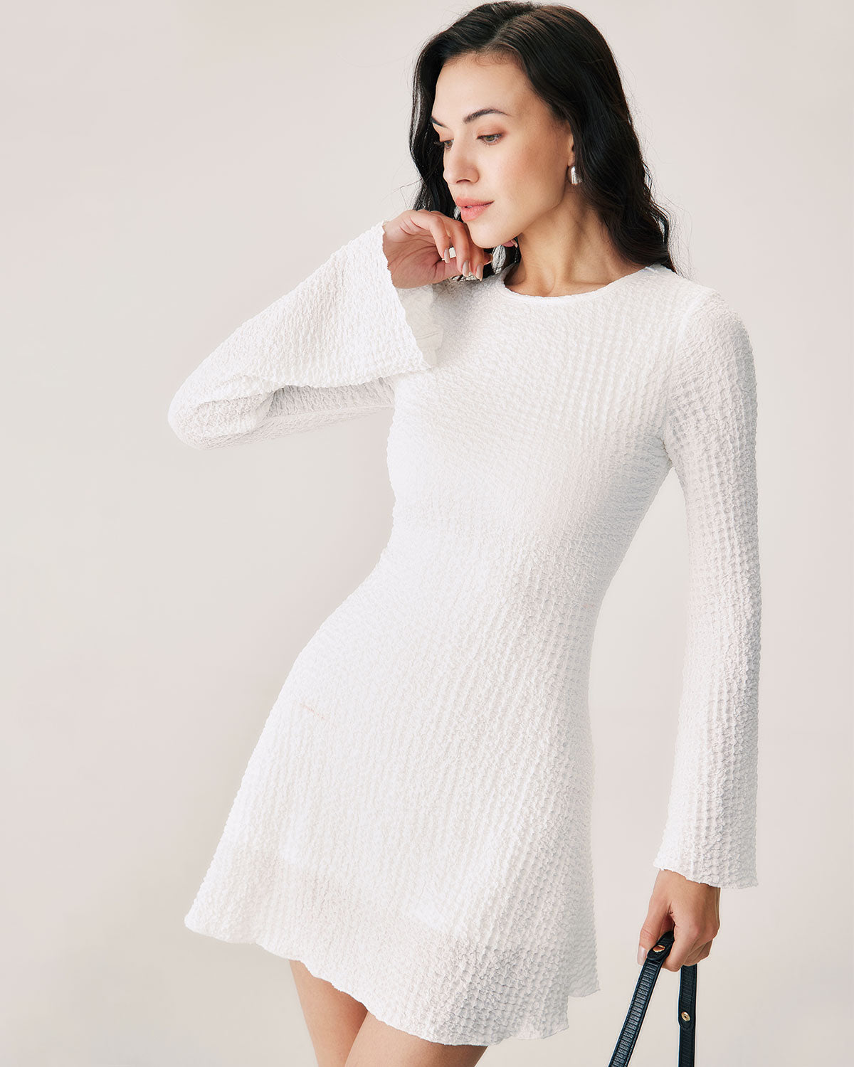 White Ruched Bell Sleeve Mini Dress