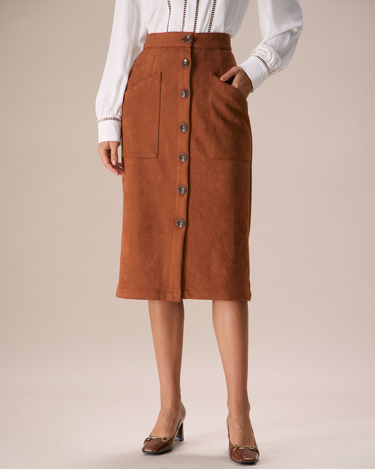 The Brown Suede Single Breasted Midi Skirt