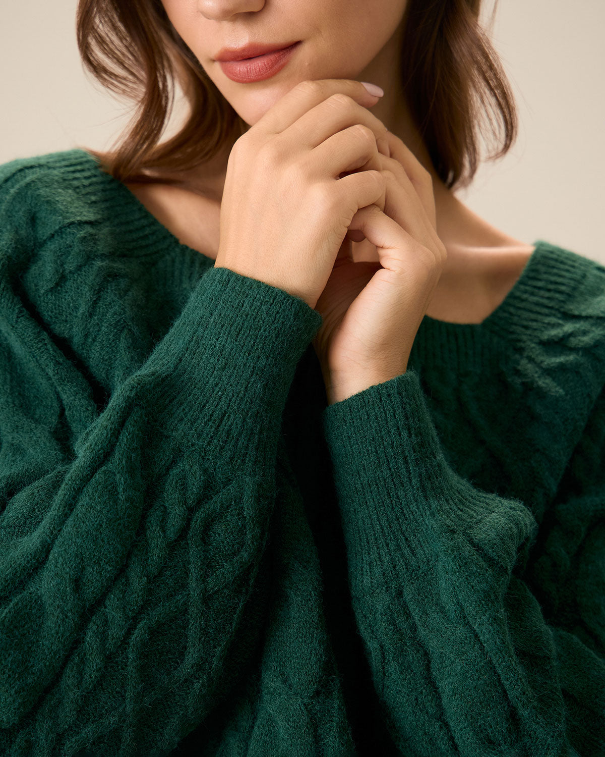 Green Romance Cable Knit Crew Sweater