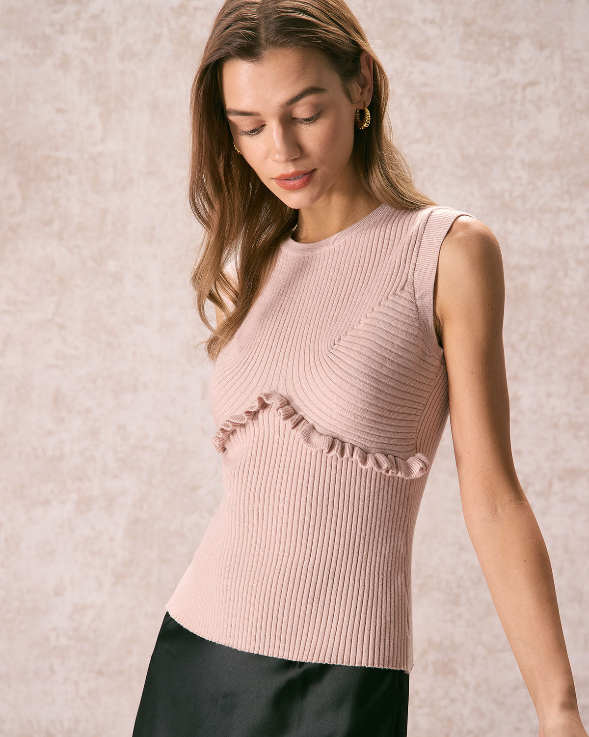 The Apricot Crew Neck Ruffle Knit Tank Top