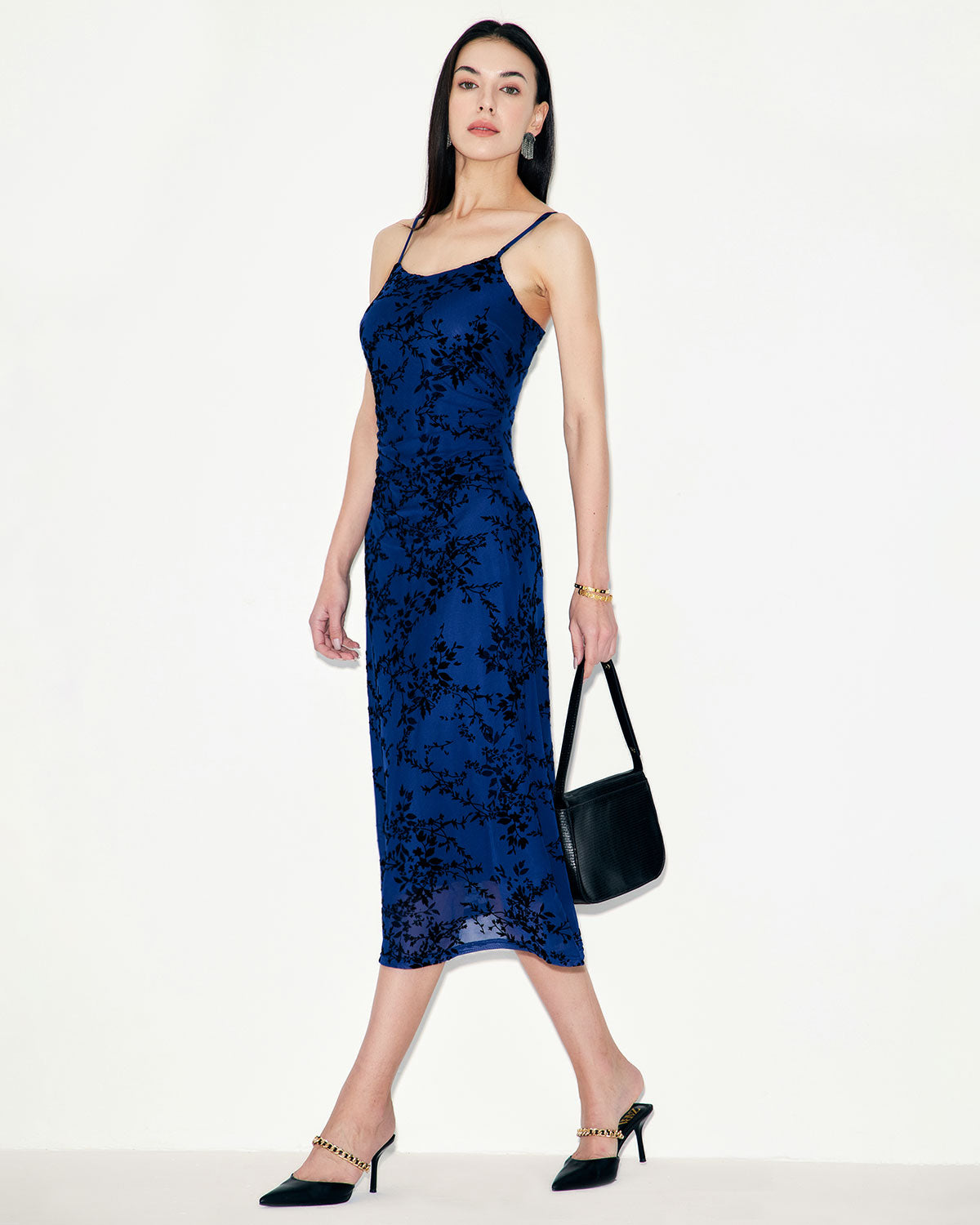 Blue Floral Mesh Slip Midi Dress