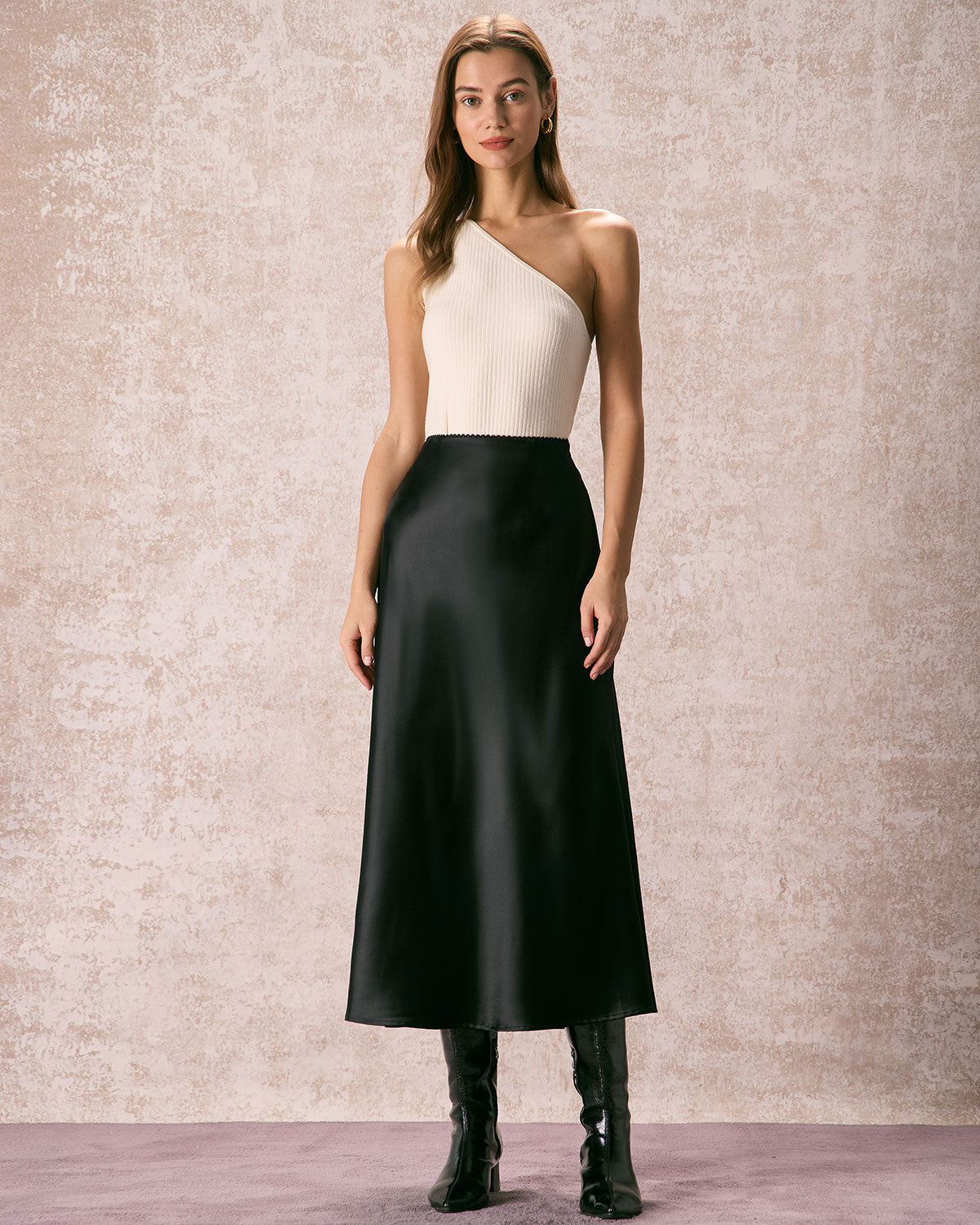 The Black Low Waisted Lace Satin Midi Skirt