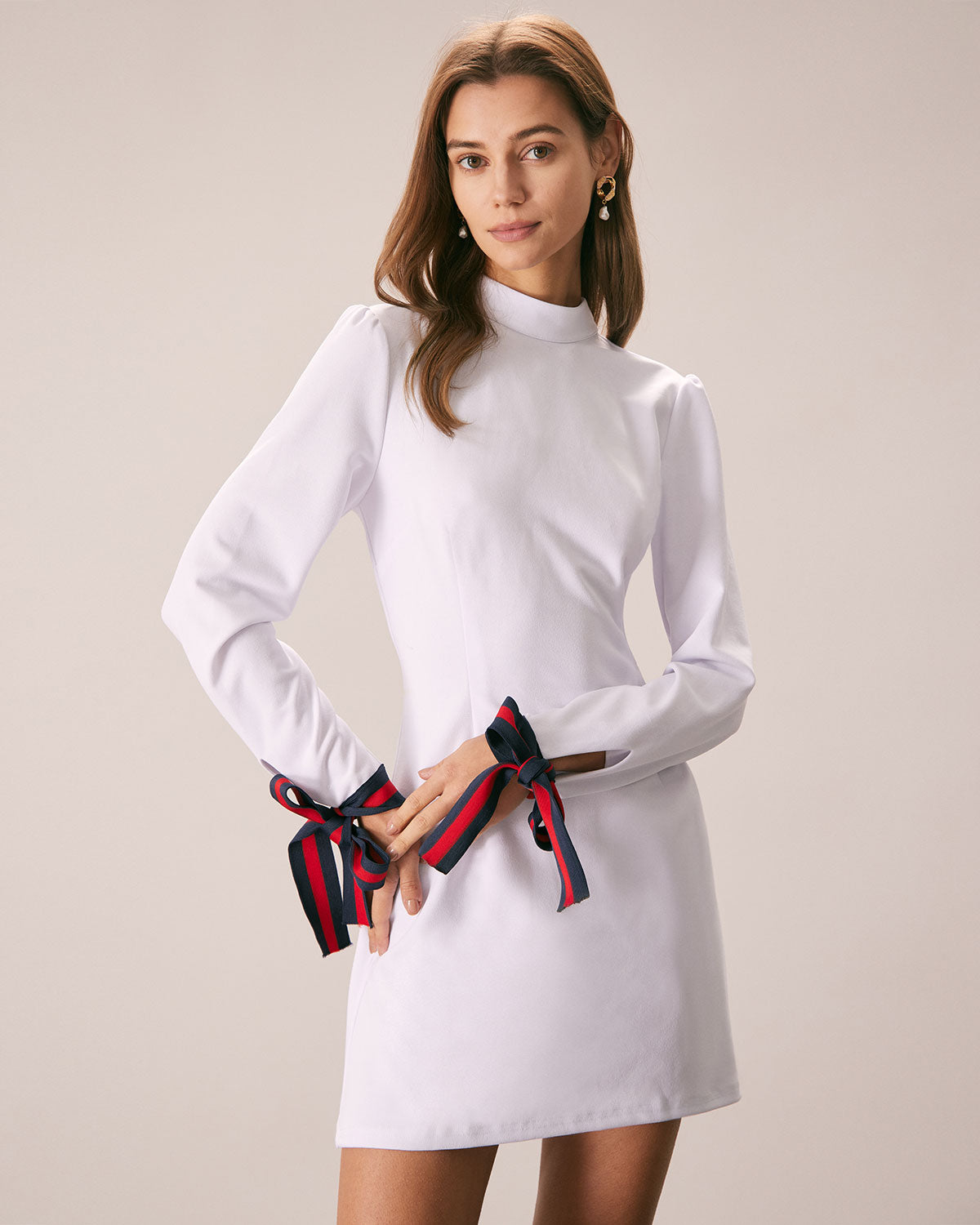 The White Mock Neck Bowknot Cuff Mini Dress