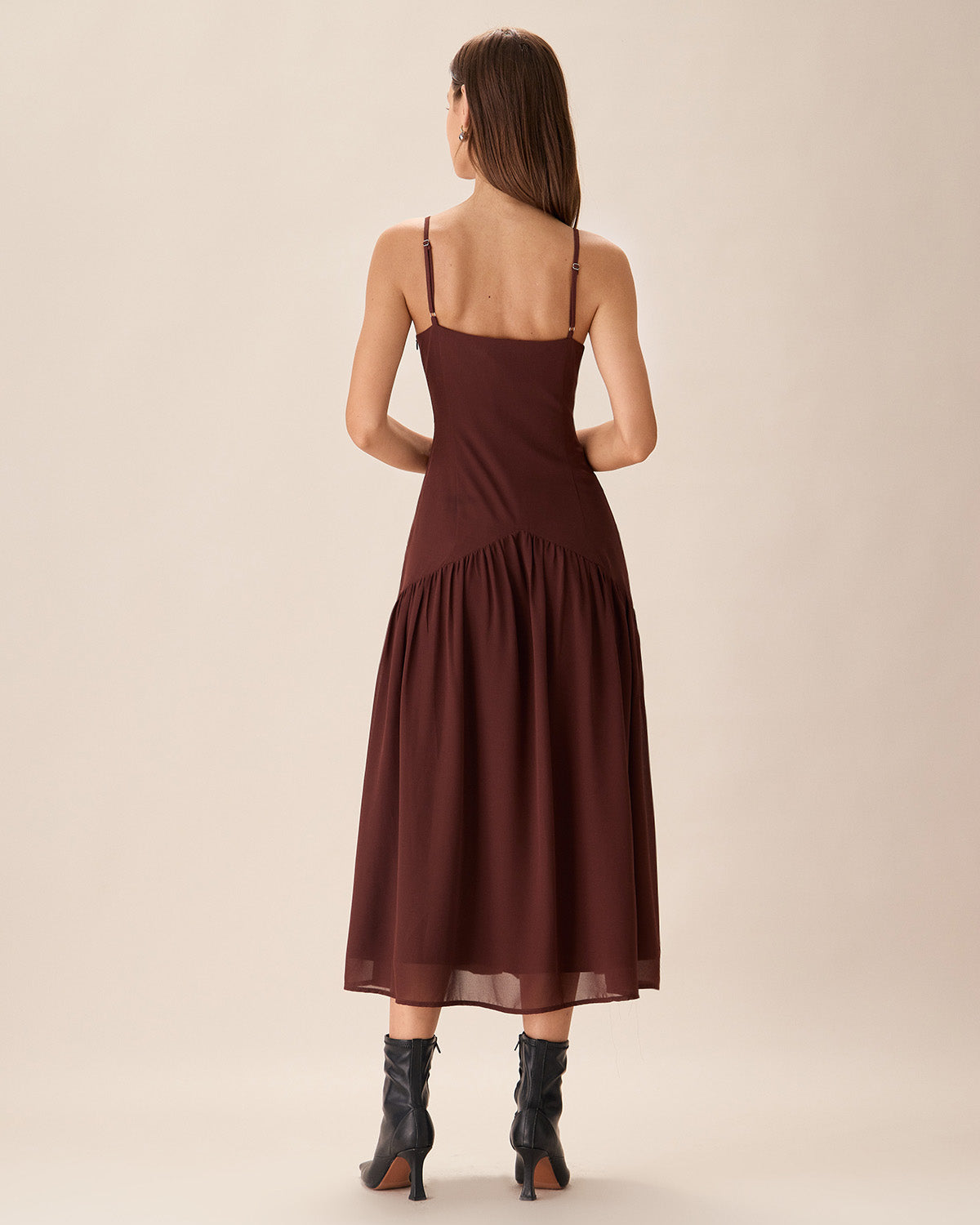 Brown Chiffon Ruched Slip Midi Dress