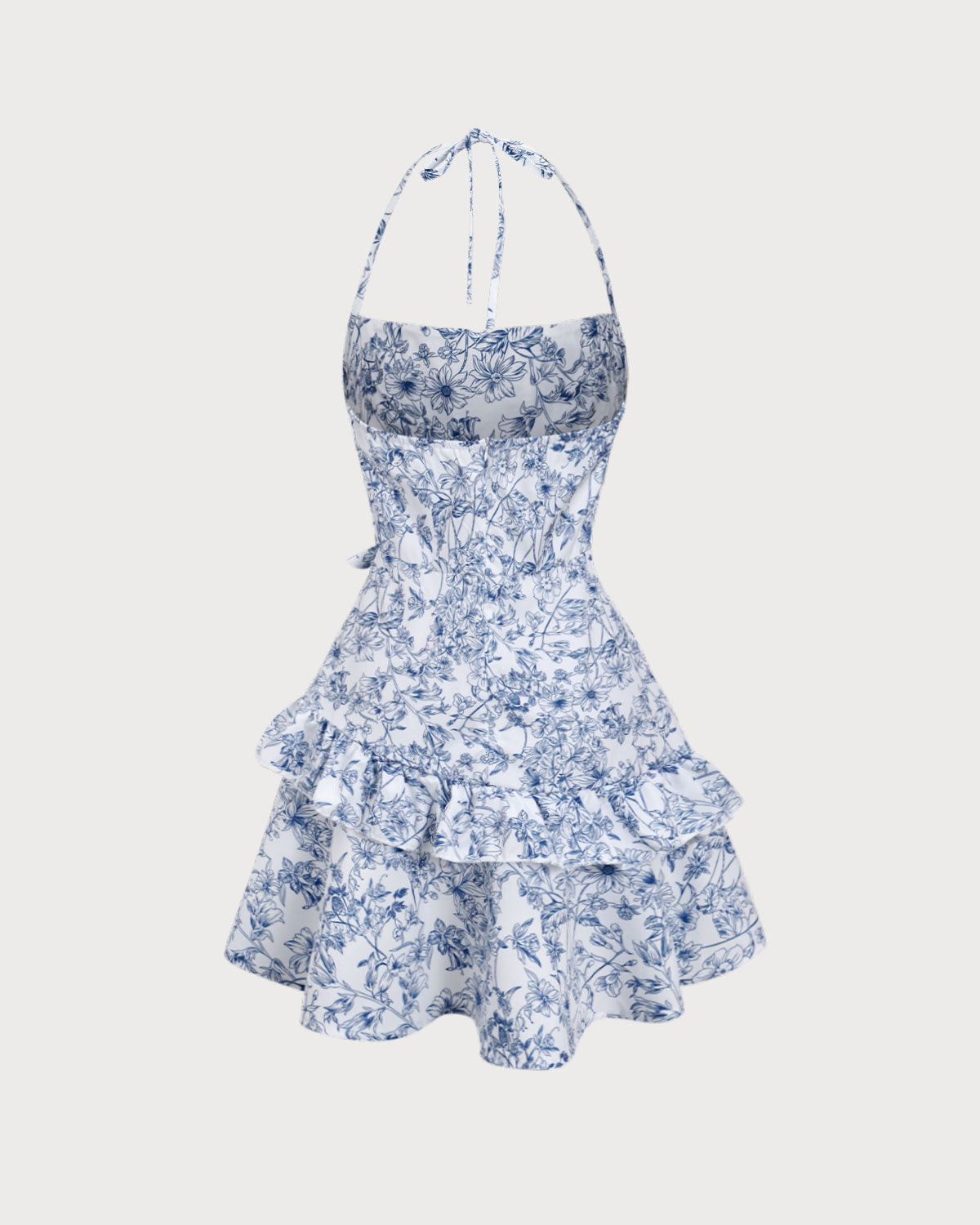 Blue Floral Tiered Halter Mini Dress