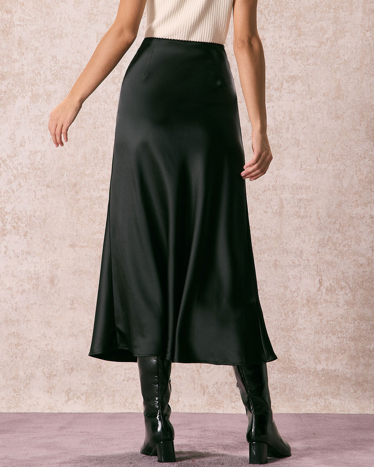 The Black Low Waisted Lace Satin Midi Skirt