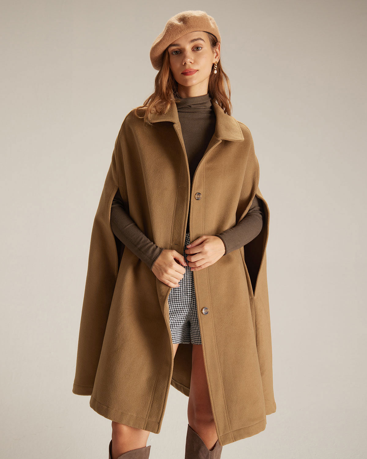 The Khaki Lapel Neck Single Breasted Cape