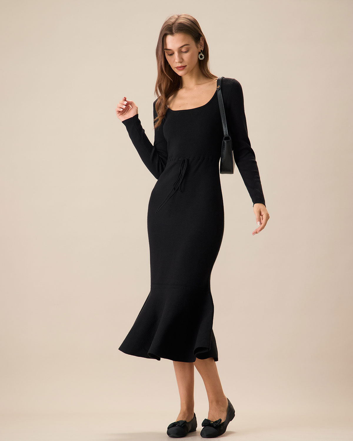 Women's Black Square Neck Mermaid Sweater Maxi Dress