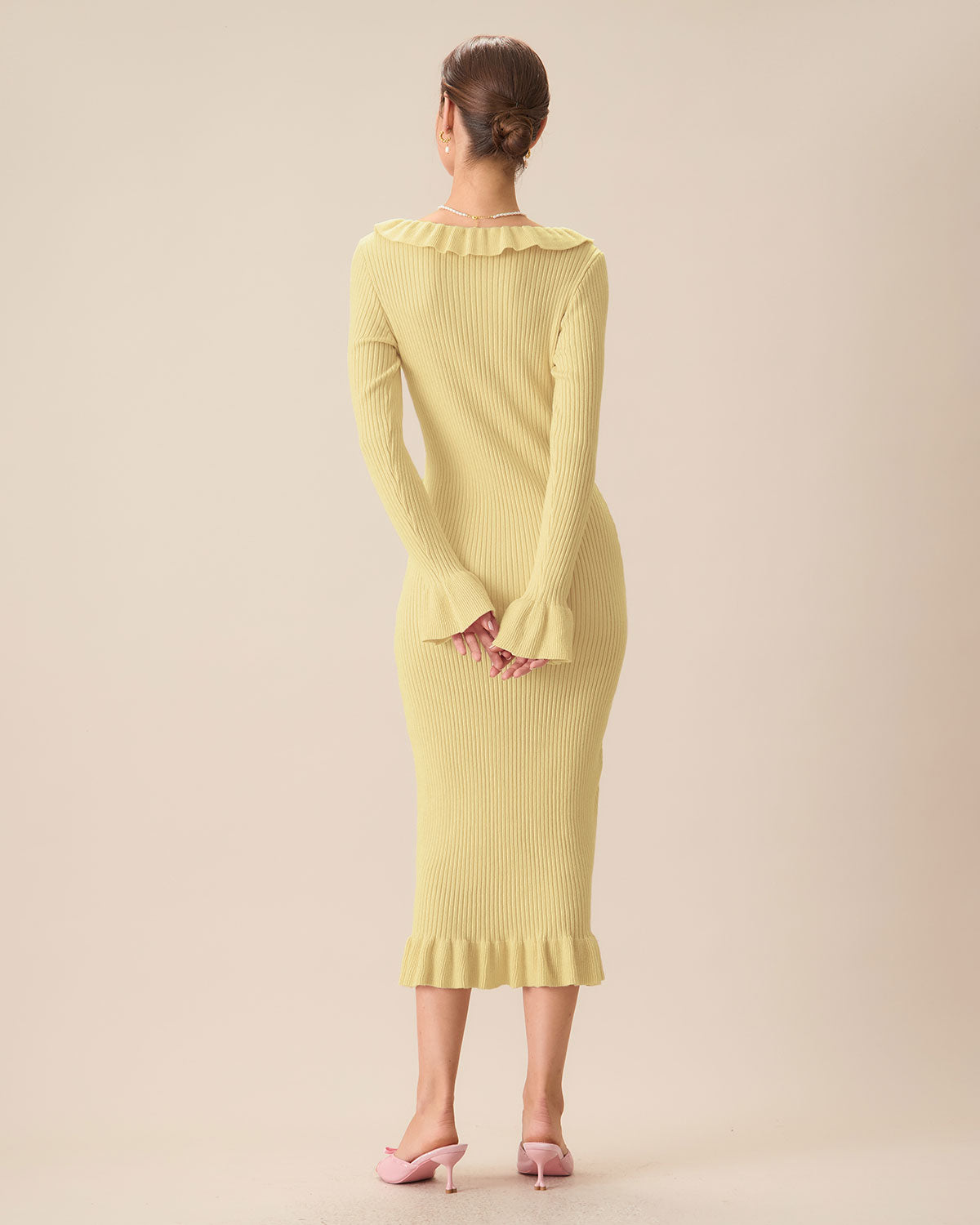 Yellow U-Neck Ruffle Bodycon Sweater Dress