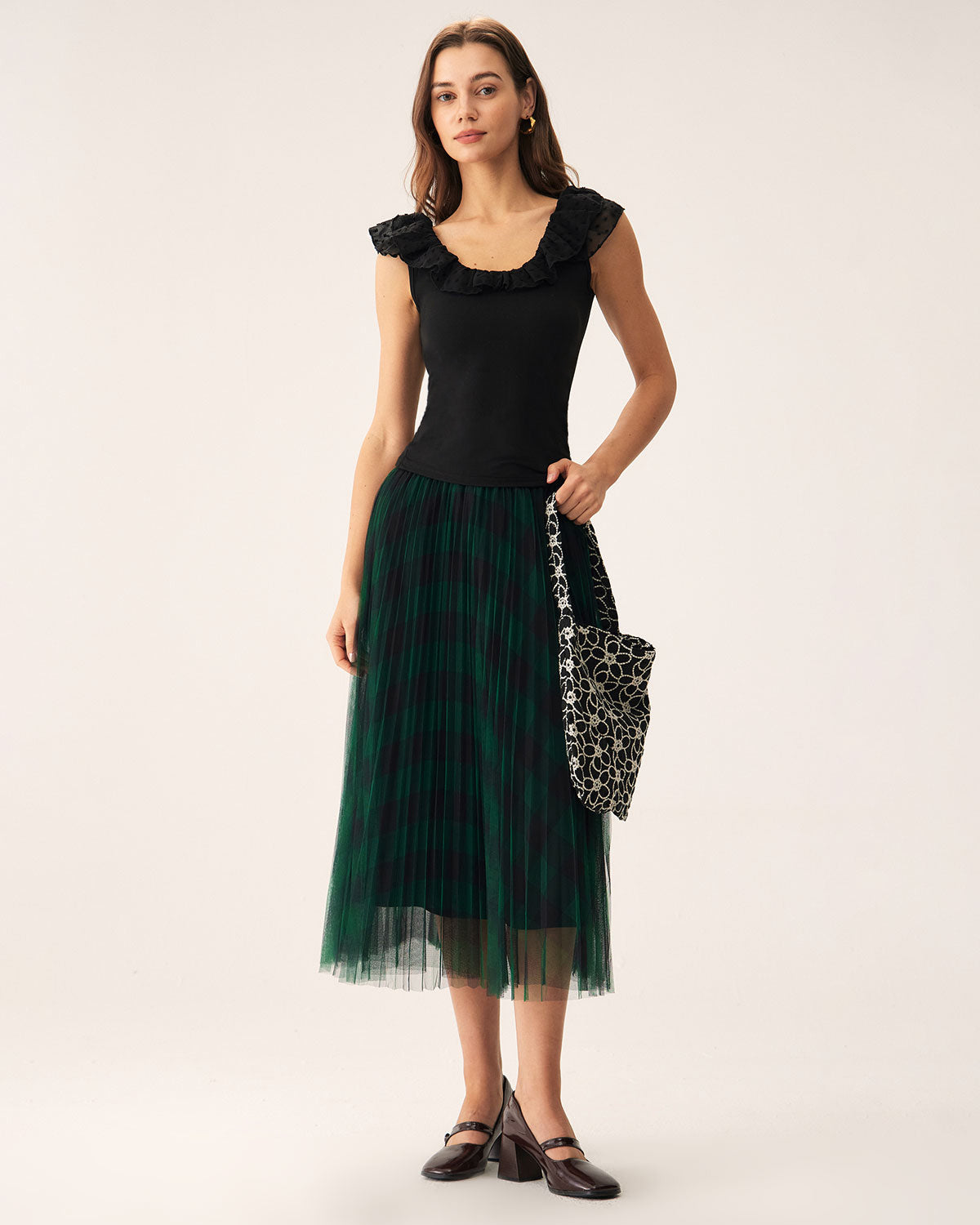 Green Mesh Pleated Midi Skirt